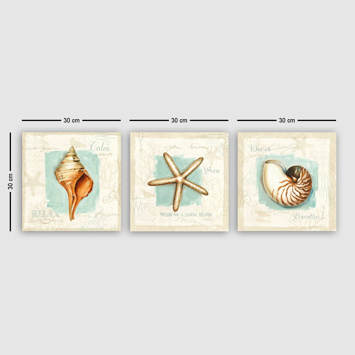 Conjunto de pinturas decorativas em tela – 30 x 90 cm – madeira