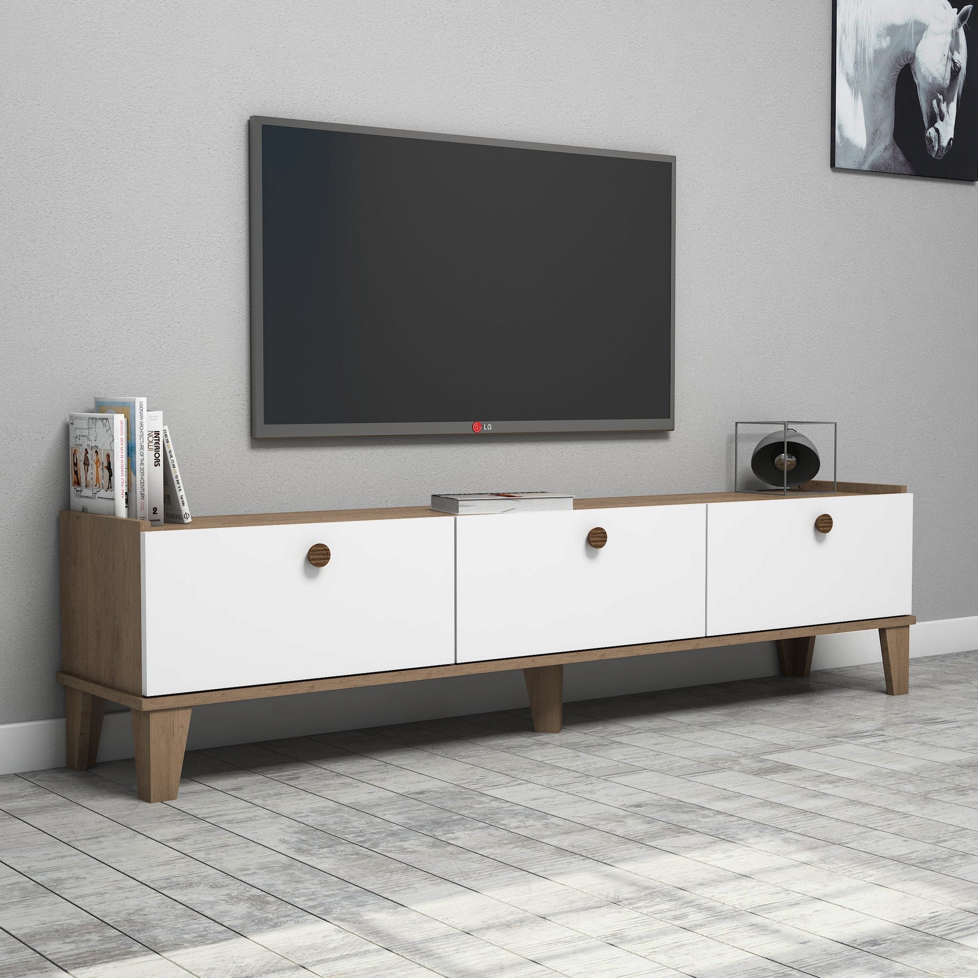 Suporte de TV escandinavo, carvalho e branco, 178 cm | Painel de partículas 100% revestido de melamina, 18 mm de espessura | Montável na parede, elegante com inúmeras prateleiras