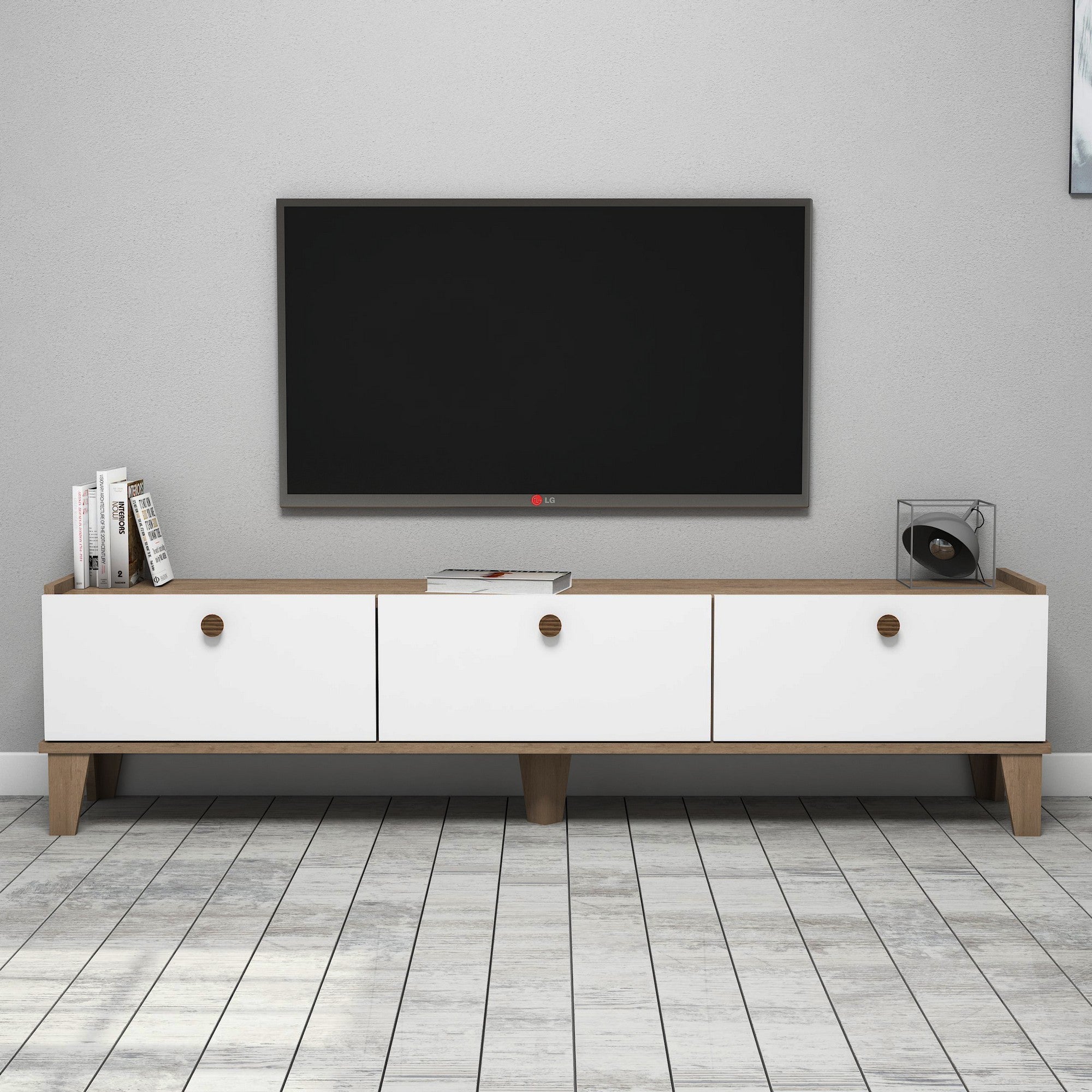 Suporte de TV escandinavo, carvalho e branco, 178 cm | Painel de partículas 100% revestido de melamina, 18 mm de espessura | Montável na parede, elegante com inúmeras prateleiras