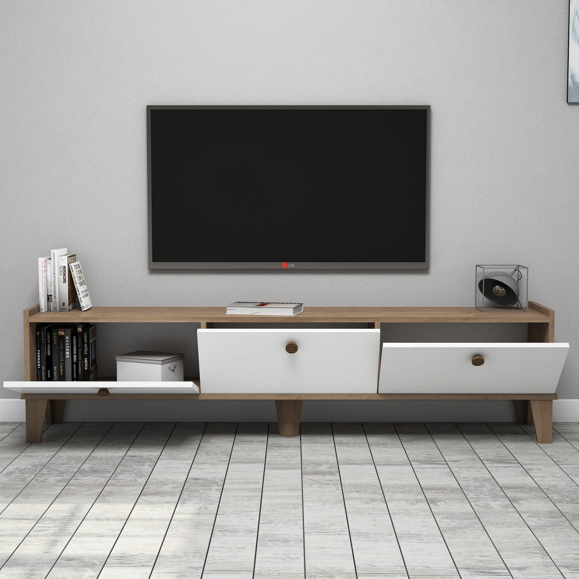Suporte de TV escandinavo, carvalho e branco, 178 cm | Painel de partículas 100% revestido de melamina, 18 mm de espessura | Montável na parede, elegante com inúmeras prateleiras