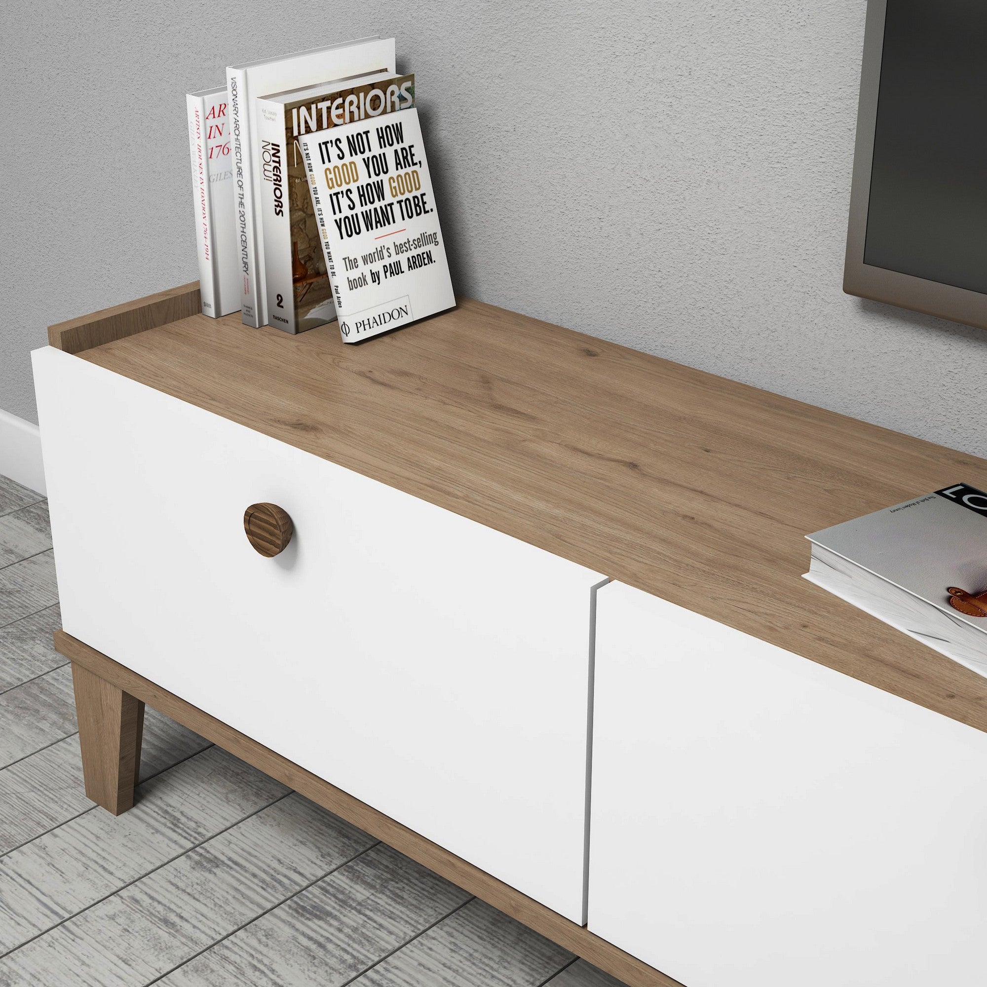 Suporte de TV escandinavo, carvalho e branco, 178 cm | Painel de partículas 100% revestido de melamina, 18 mm de espessura | Montável na parede, elegante com inúmeras prateleiras