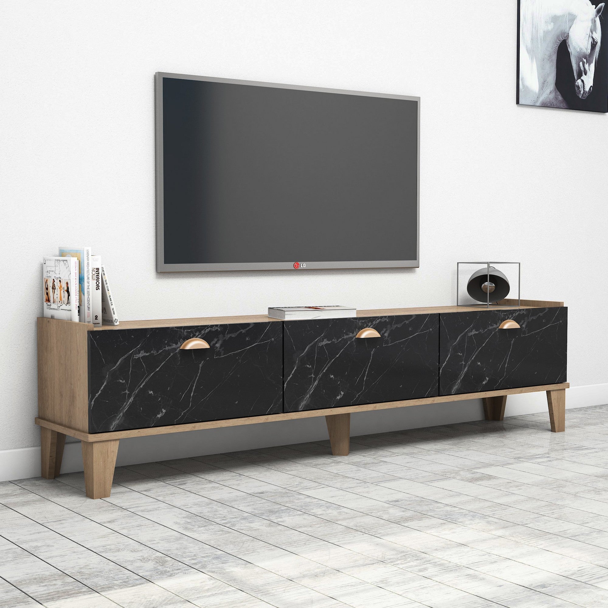 Suporte de TV Mandala elegante, acabamento em carvalho e mármore, 178 cm | Painel de partículas 100% revestido em melamina, 18 mm de espessura | Montável na parede com várias prateleiras