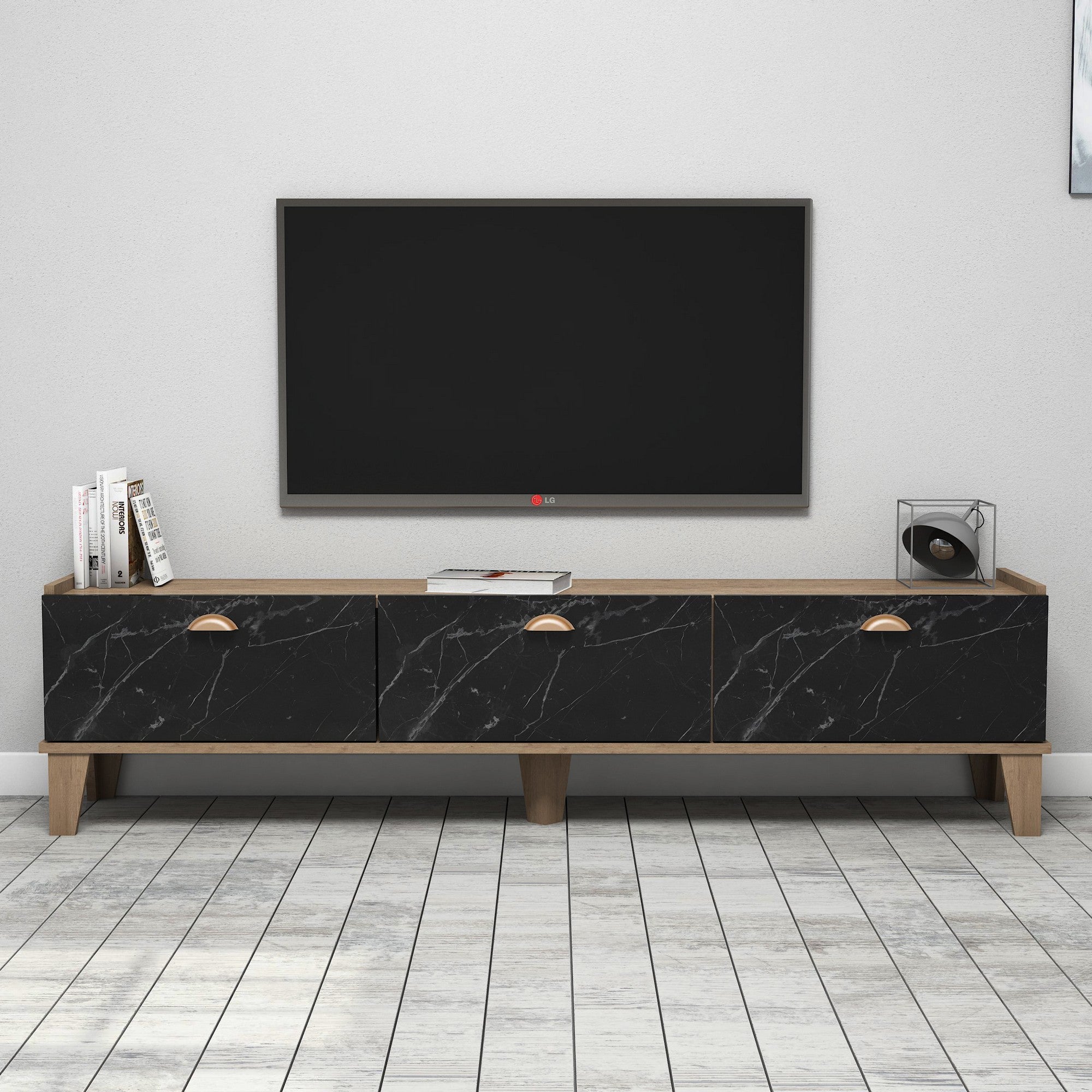 Suporte de TV Mandala elegante, acabamento em carvalho e mármore, 178 cm | Painel de partículas 100% revestido em melamina, 18 mm de espessura | Montável na parede com várias prateleiras