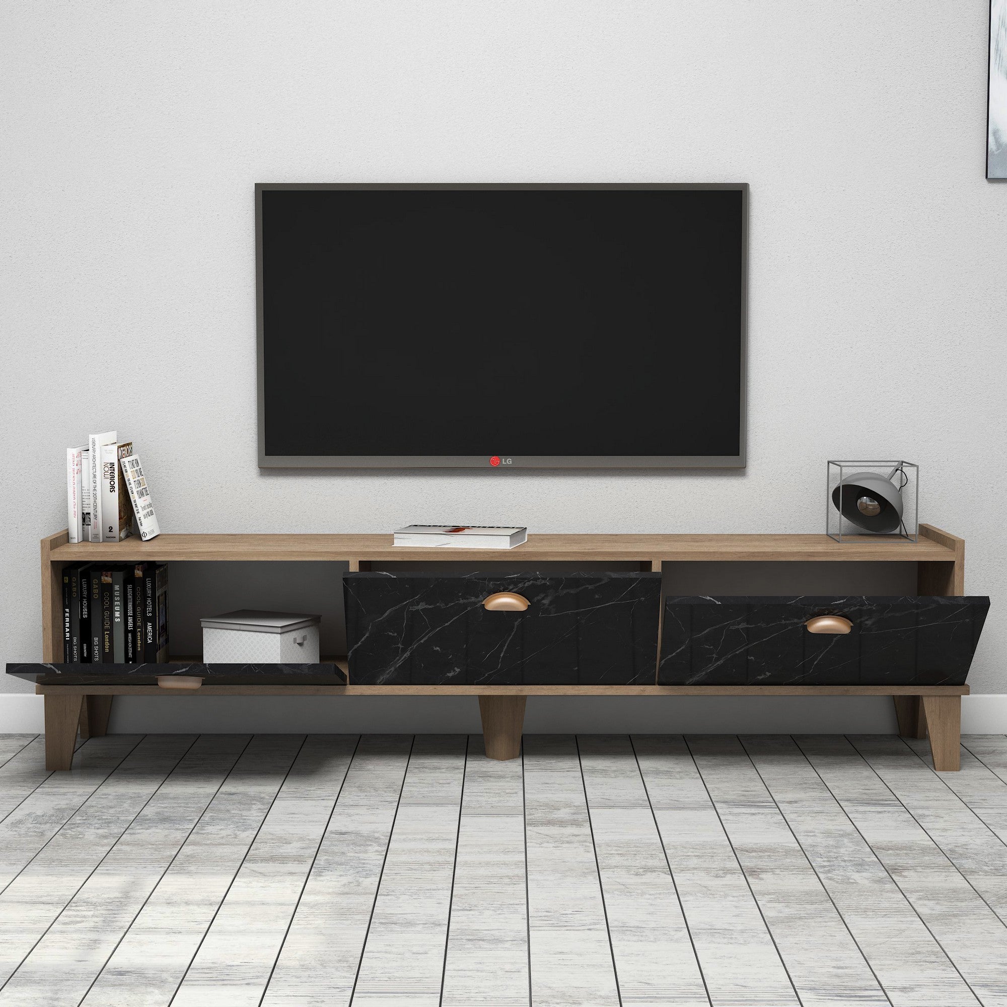 Suporte de TV Mandala elegante, acabamento em carvalho e mármore, 178 cm | Painel de partículas 100% revestido em melamina, 18 mm de espessura | Montável na parede com várias prateleiras