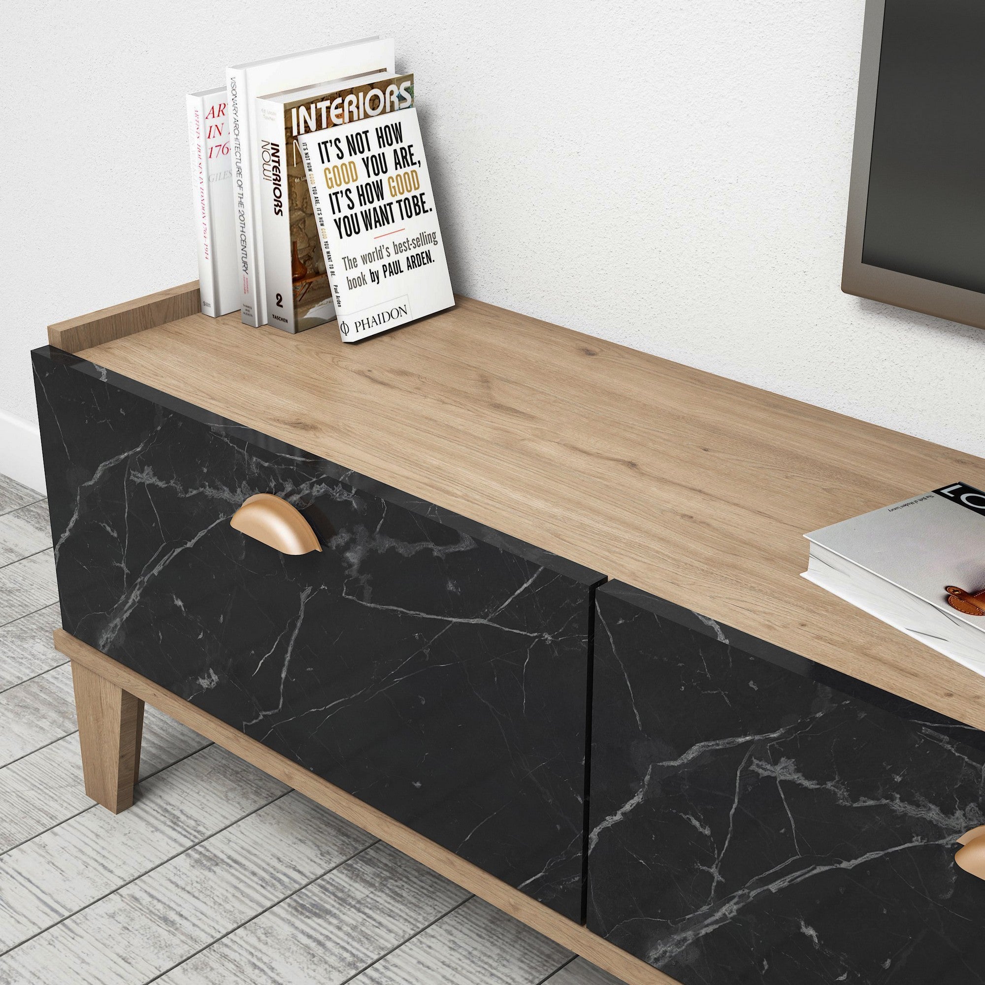 Suporte de TV Mandala elegante, acabamento em carvalho e mármore, 178 cm | Painel de partículas 100% revestido em melamina, 18 mm de espessura | Montável na parede com várias prateleiras
