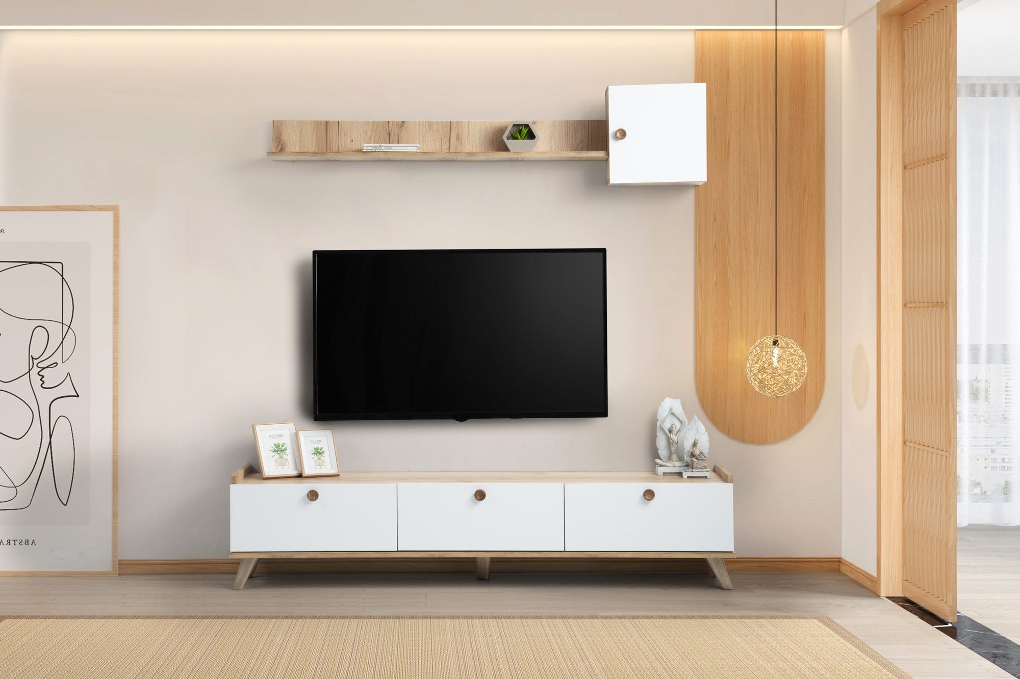 Móvel de TV Escandinavo, Carvalho e Branco, 178 cm | Painel de partículas 100% revestido em melamina, 18 mm de espessura | Montável na parede, várias prateleiras, design elegante e funcional