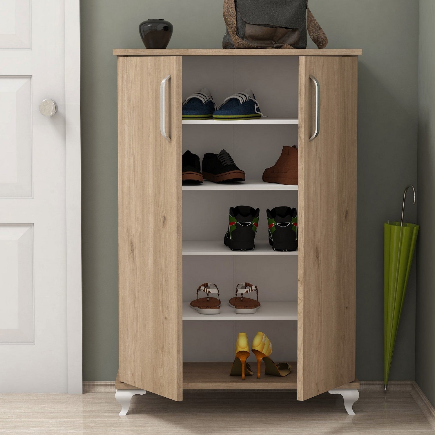 Elegante sapateira de nogueira, 72 cm x 100 cm x 32,5 cm | Painel de partículas 100% revestido de melamina, 18 mm de espessura | Montável na parede com inúmeras prateleiras