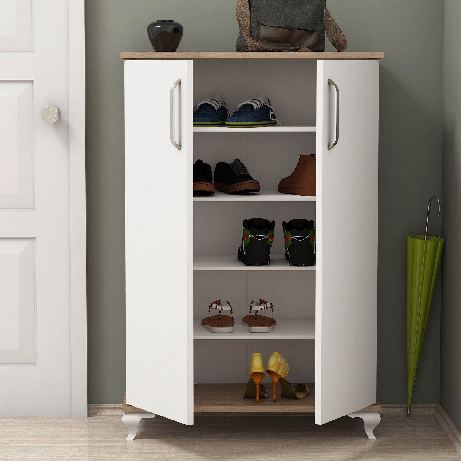 Sapateira estilosa, nogueira e branca, 72 x 100 x 32,5 cm | Painel de partículas 100% revestido em melamina, 18 mm de espessura | Prateleiras amplas para montagem na parede, ideais para espaços modernos