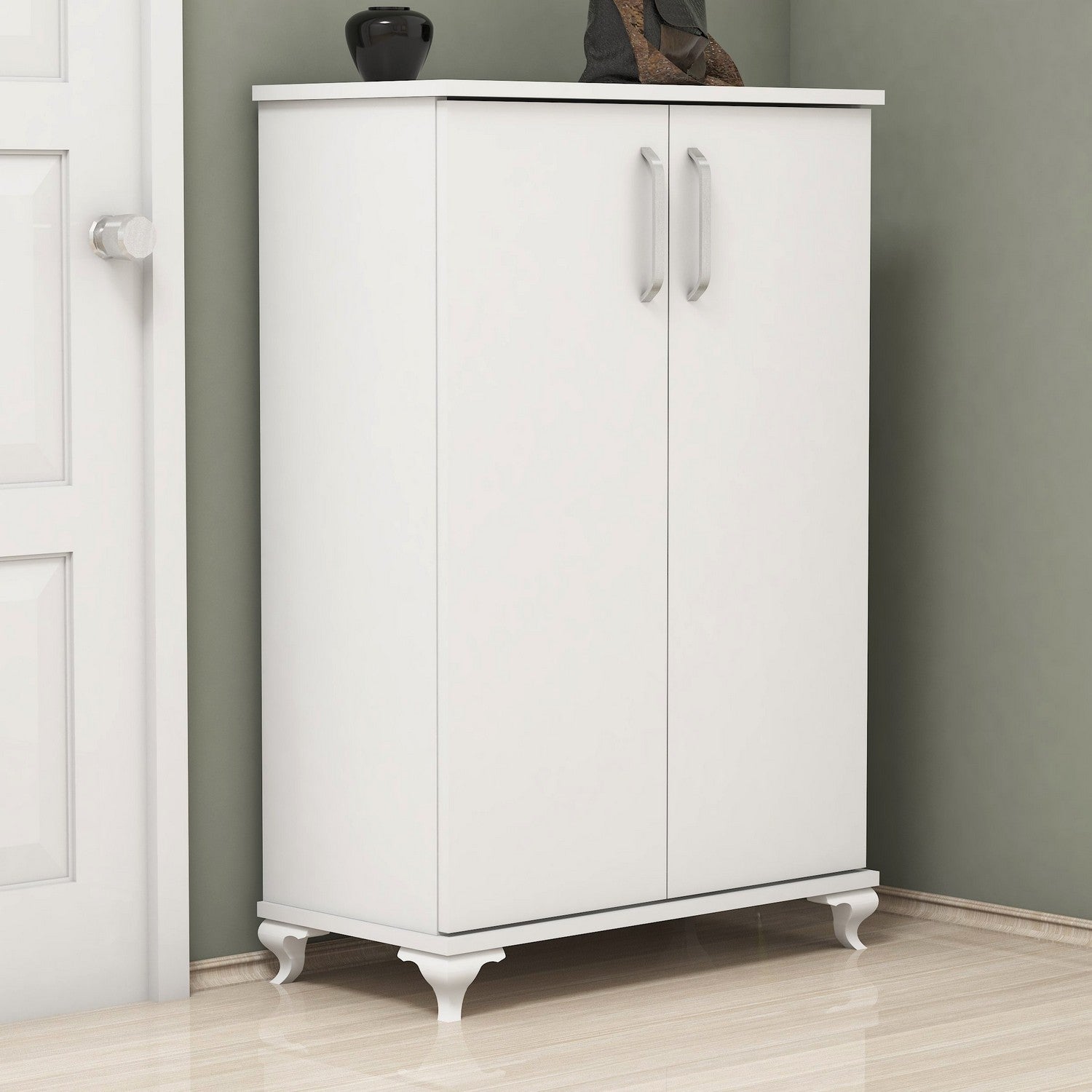 Elegante sapateira branca, 72 cm x 100 cm x 32,5 cm | Painel de partículas 100% revestido em melamina, 18 mm de espessura | Montável na parede com inúmeras prateleiras