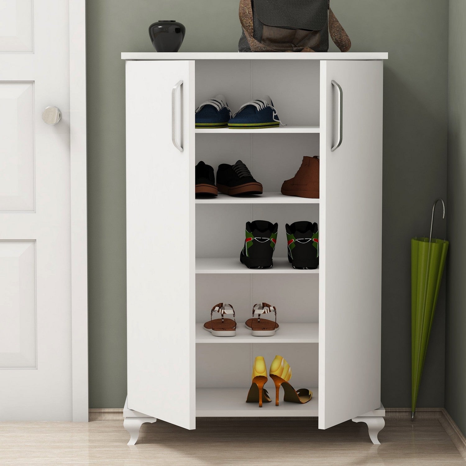 Elegante sapateira branca, 72 cm x 100 cm x 32,5 cm | Painel de partículas 100% revestido em melamina, 18 mm de espessura | Montável na parede com inúmeras prateleiras