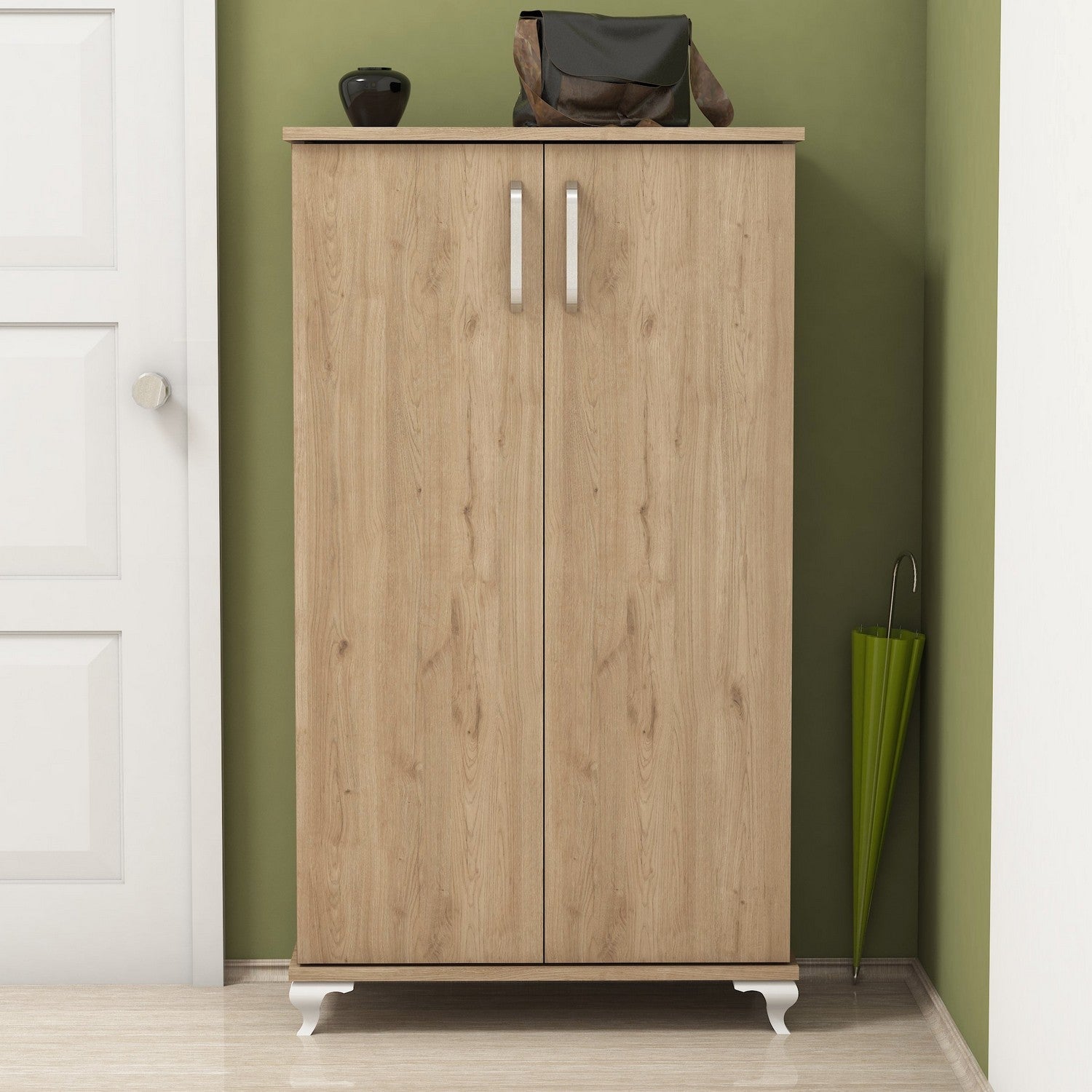Elegante sapateira de nogueira, 72 cm x 120 cm x 32,5 cm | Painel de partículas 100% revestido de melamina, 18 mm de espessura | Montável na parede com inúmeras prateleiras