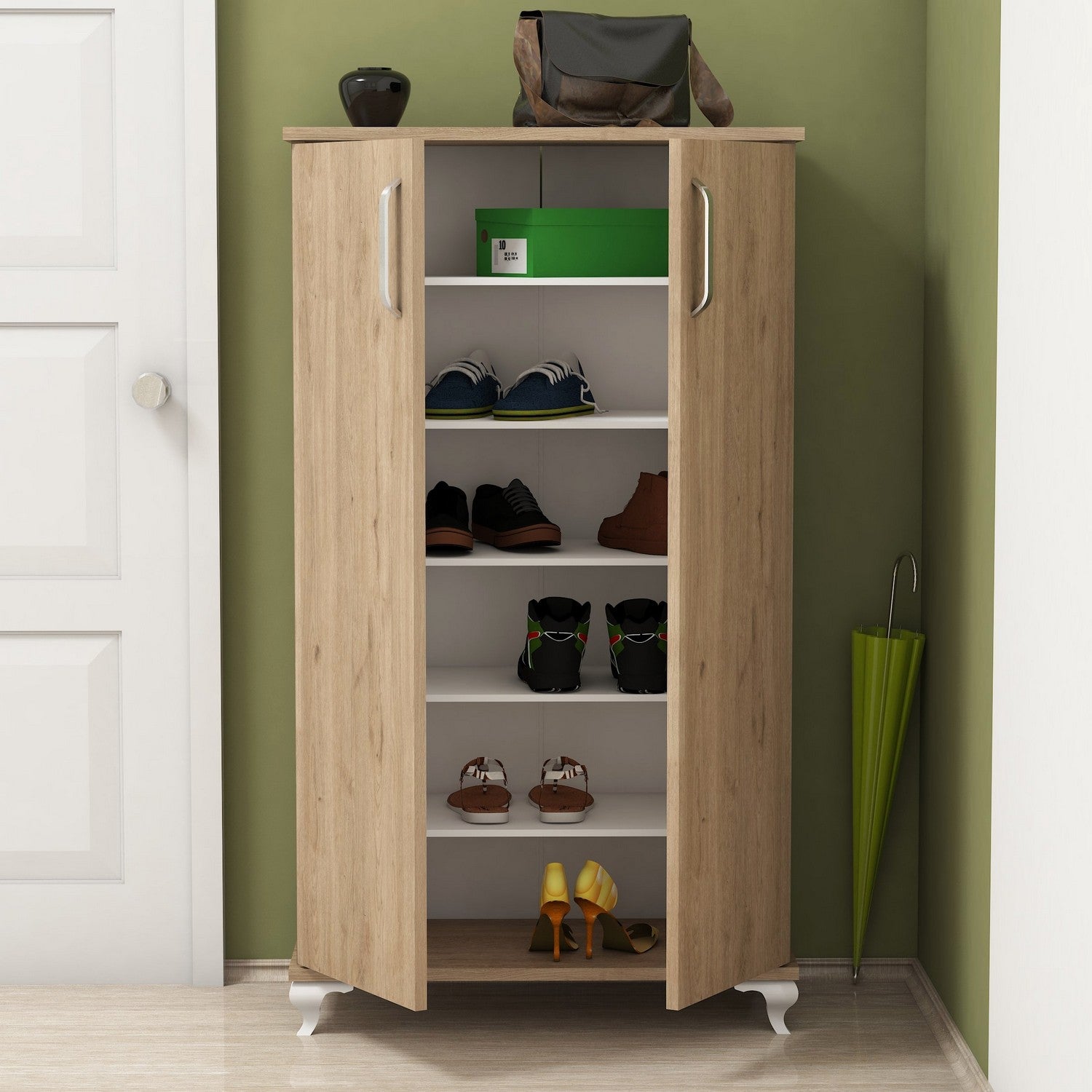 Elegante sapateira de nogueira, 72 cm x 120 cm x 32,5 cm | Painel de partículas 100% revestido de melamina, 18 mm de espessura | Montável na parede com inúmeras prateleiras