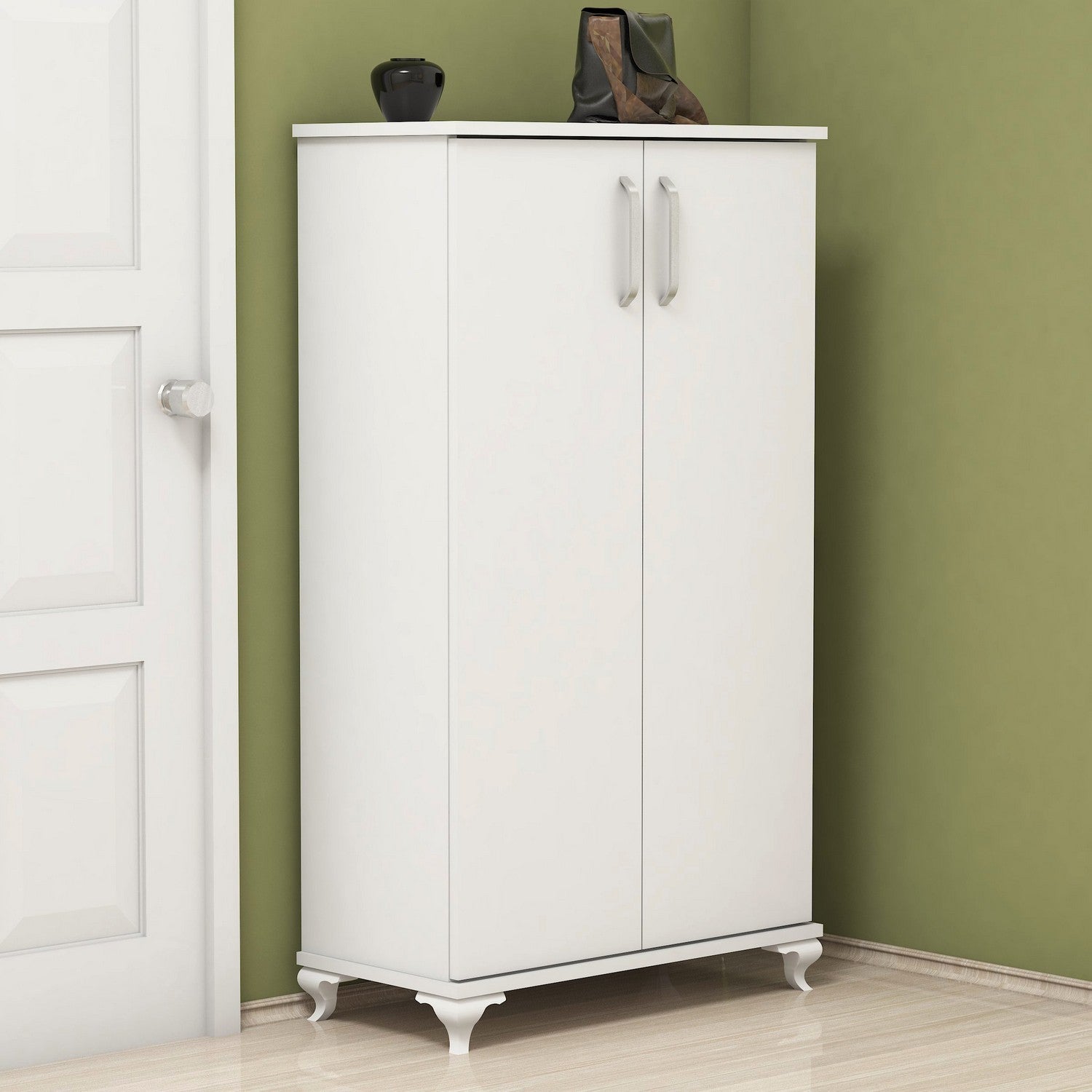 Elegante sapateira branca, 72 cm x 120 cm x 32,5 cm | Painel de partículas 100% revestido em melamina, 18 mm de espessura | Montável na parede com inúmeras prateleiras