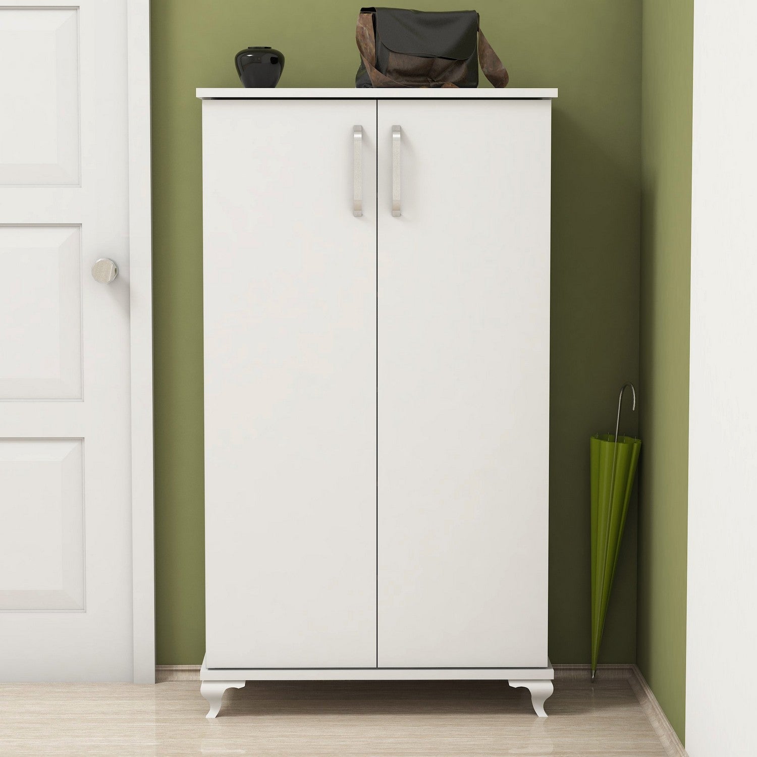 Elegante sapateira branca, 72 cm x 120 cm x 32,5 cm | Painel de partículas 100% revestido em melamina, 18 mm de espessura | Montável na parede com inúmeras prateleiras
