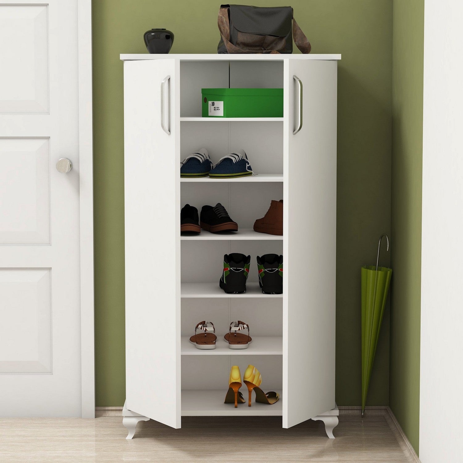 Elegante sapateira branca, 72 cm x 120 cm x 32,5 cm | Painel de partículas 100% revestido em melamina, 18 mm de espessura | Montável na parede com inúmeras prateleiras