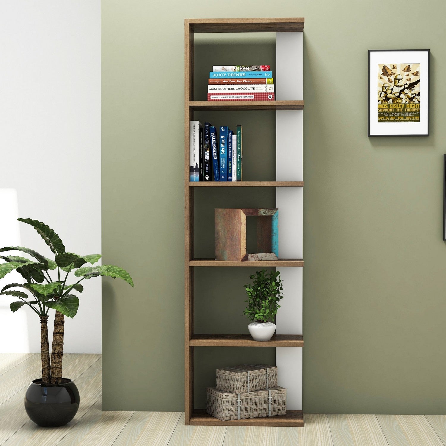 Estante escandinava moderna, nogueira e branca, 46,8 x 160 x 23,9 cm | 100% revestida em melamina, 18 mm de espessura, montável na parede, design elegante e funcional