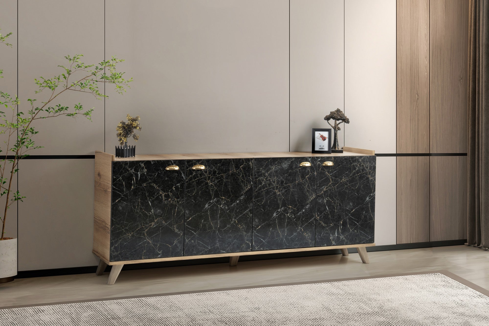 Aparador com Acabamento em Mármore – 180 cm – Carvalho e Mármore – Painéis de Partículas 100% Revestidos em Melamina