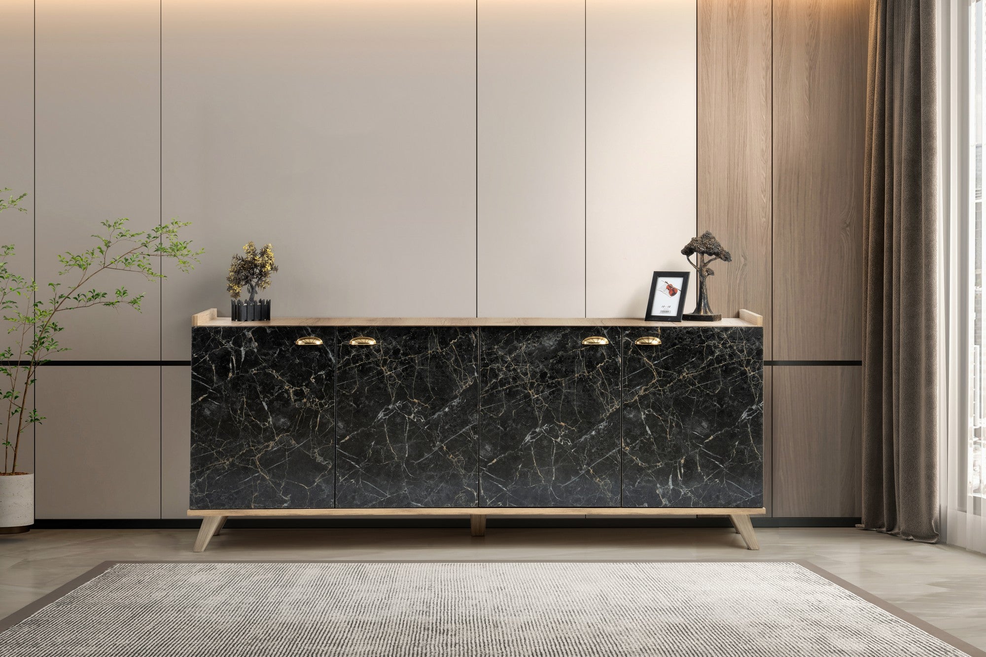 Aparador com Acabamento em Mármore – 180 cm – Carvalho e Mármore – Painéis de Partículas 100% Revestidos em Melamina