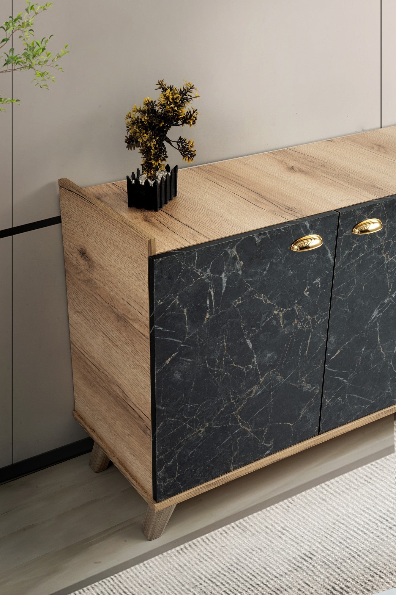 Aparador com Acabamento em Mármore – 180 cm – Carvalho e Mármore – Painéis de Partículas 100% Revestidos em Melamina