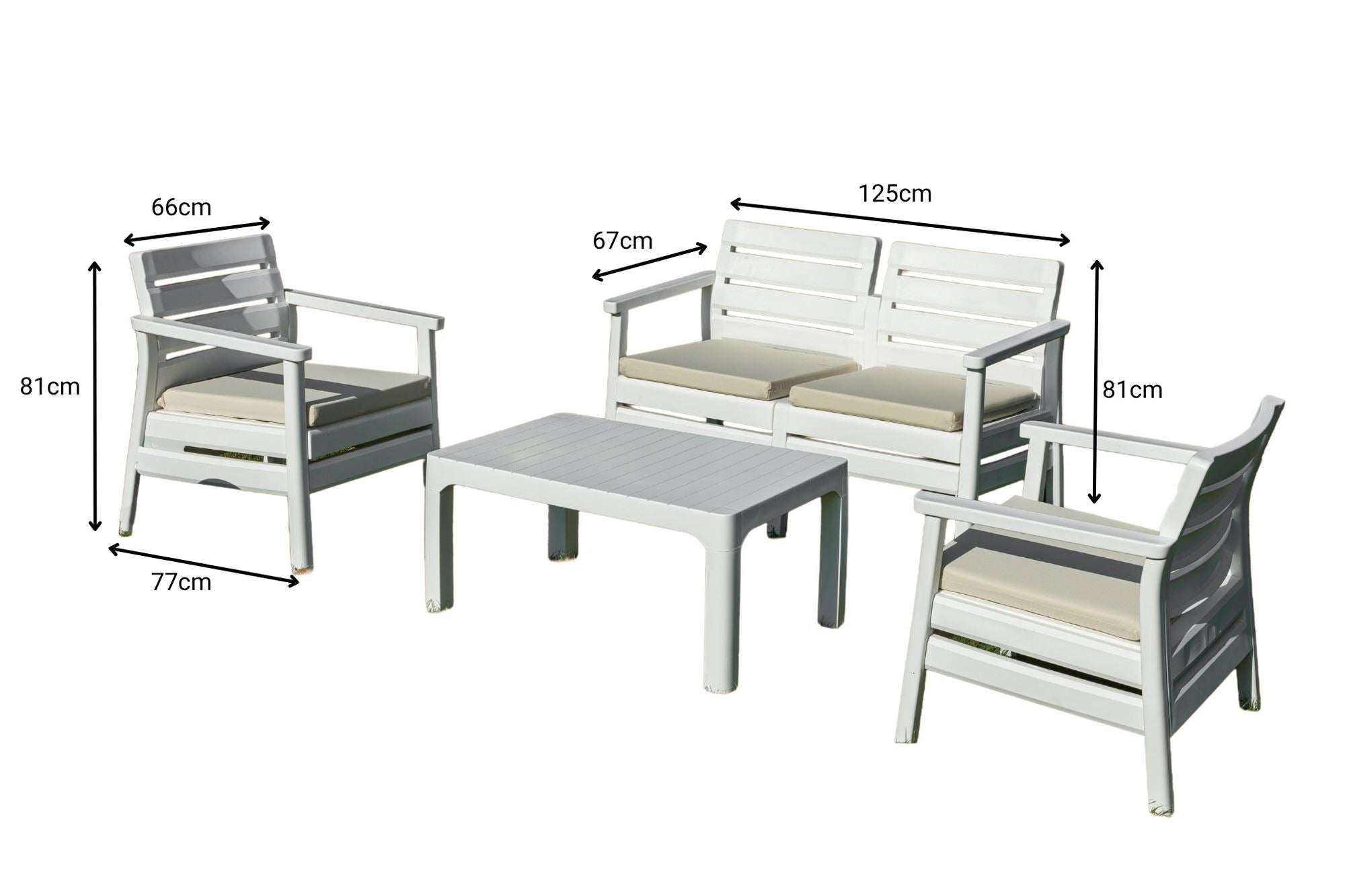 Conjunto de Jardim Branco 4 Lugares com Mesa de Centro - Polipropileno 100% Resistente às Intempéries