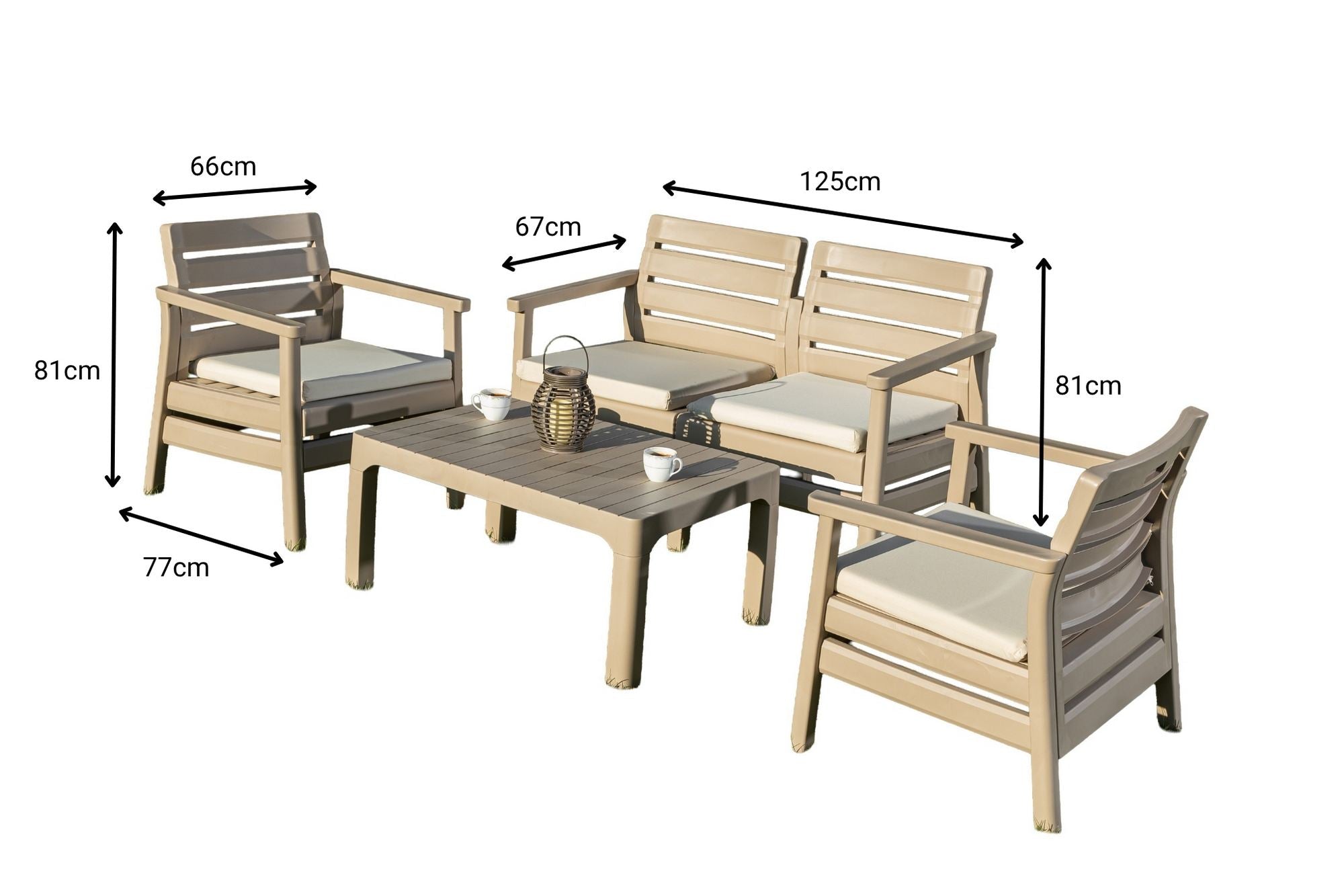 Conjunto de Jardim Desert Beige - Sofá 2 Lugares + 2 Sofás Individuais + Mesa de Centro em Polipropileno 100%