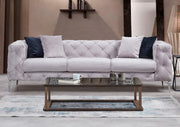 Sofá moderno de 3 lugares, cinza claro, 237 x 73 x 90 cm | Estrutura em madeira de faia e aglomerado, pernas cromadas | 4 almofadas, tecido lavável a seco, elegante e confortável