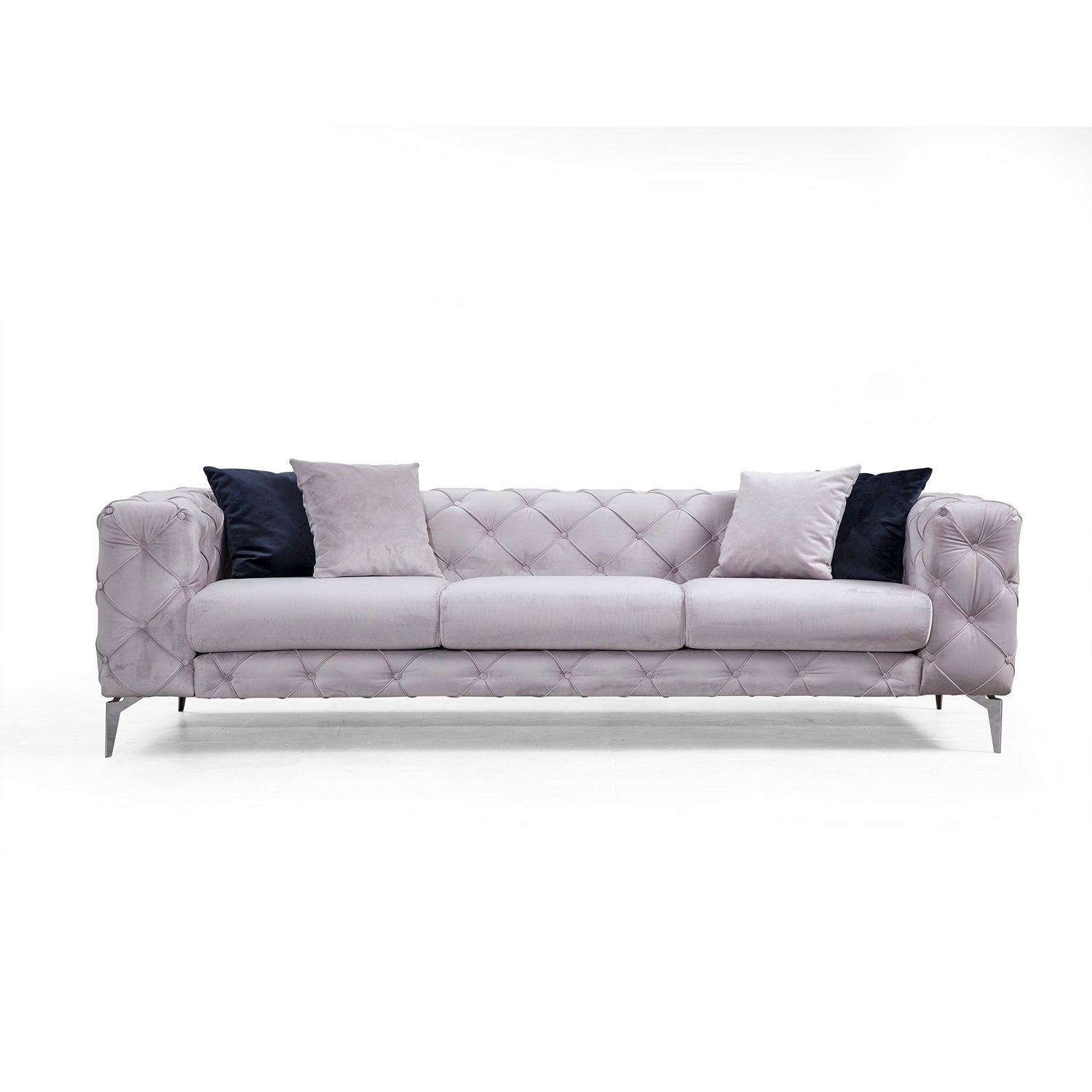 Sofá moderno de 3 lugares, cinza claro, 237 x 73 x 90 cm | Estrutura em madeira de faia e aglomerado, pernas cromadas | 4 almofadas, tecido lavável a seco, elegante e confortável