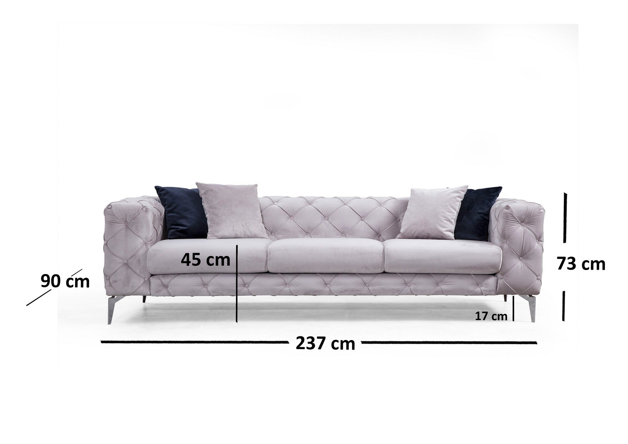 Sofá moderno de 3 lugares, cinza claro, 237 x 73 x 90 cm | Estrutura em madeira de faia e aglomerado, pernas cromadas | 4 almofadas, tecido lavável a seco, elegante e confortável