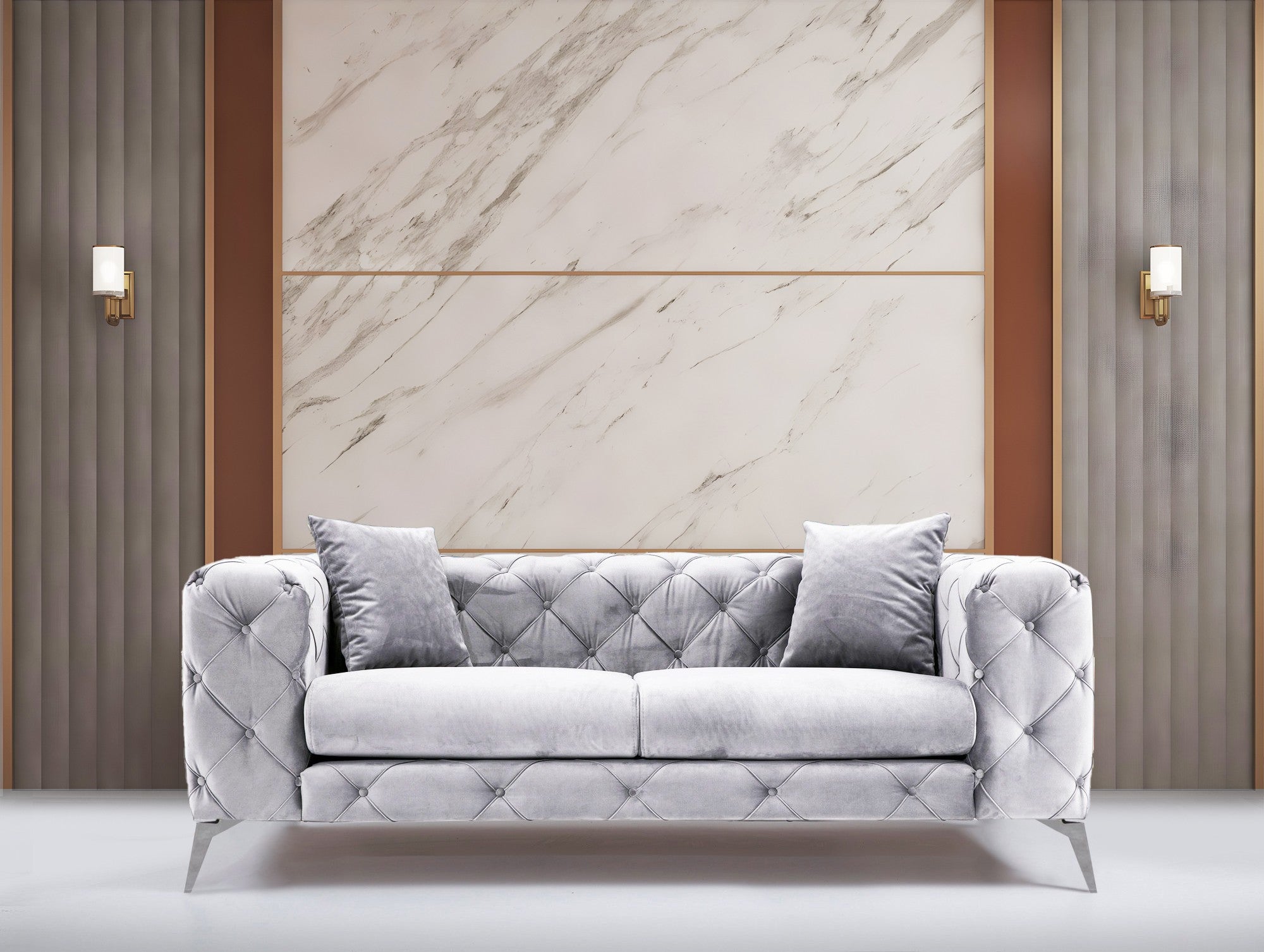 Sofá moderno de 2 lugares, cinza claro, 197 x 73 x 90 cm | Estrutura em madeira de faia e aglomerado, 100% poliéster, pernas cromadas | Inclui 2 almofadas, tecido lavável a seco