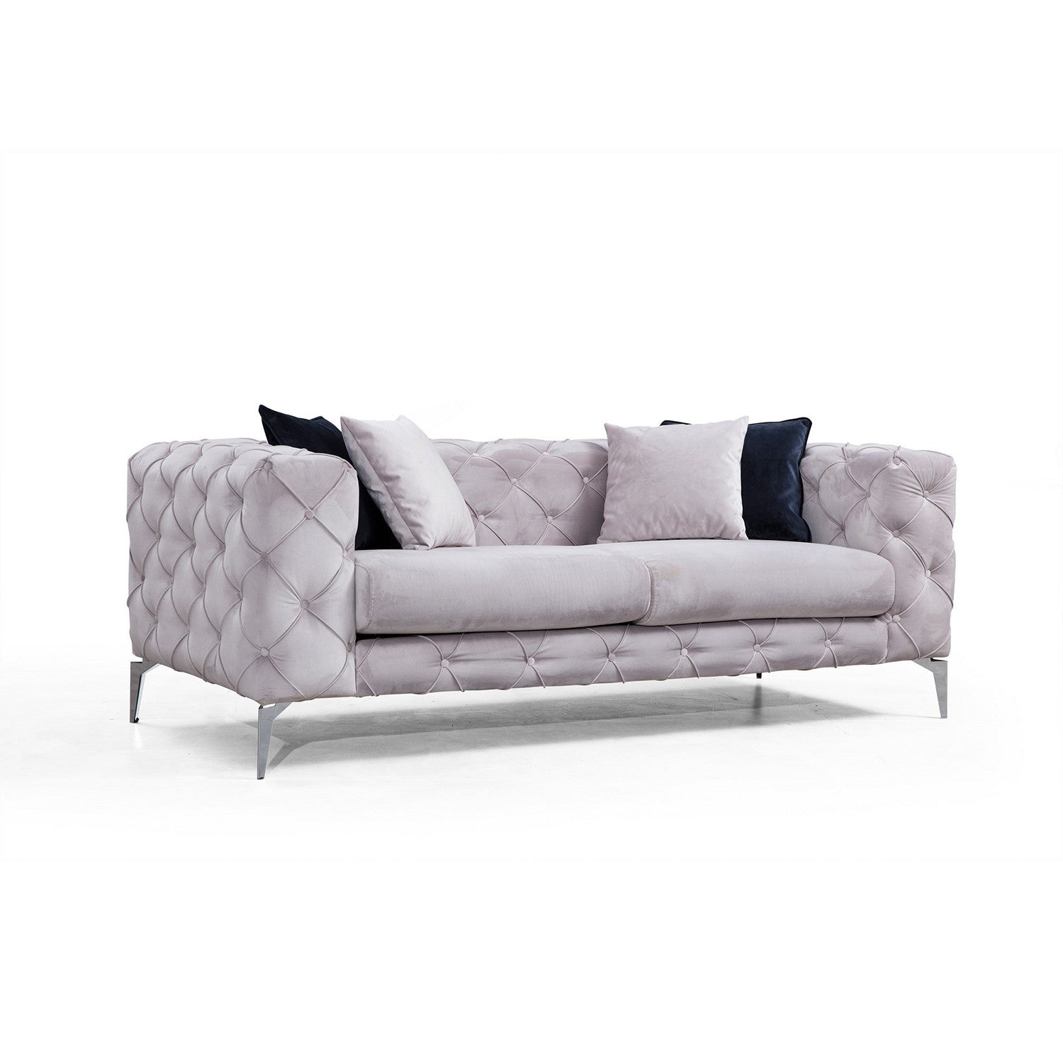 Sofá moderno de 2 lugares, cinza claro, 197 x 73 x 90 cm | Estrutura em madeira de faia e aglomerado, 100% poliéster, pernas cromadas | Inclui 2 almofadas, tecido lavável a seco