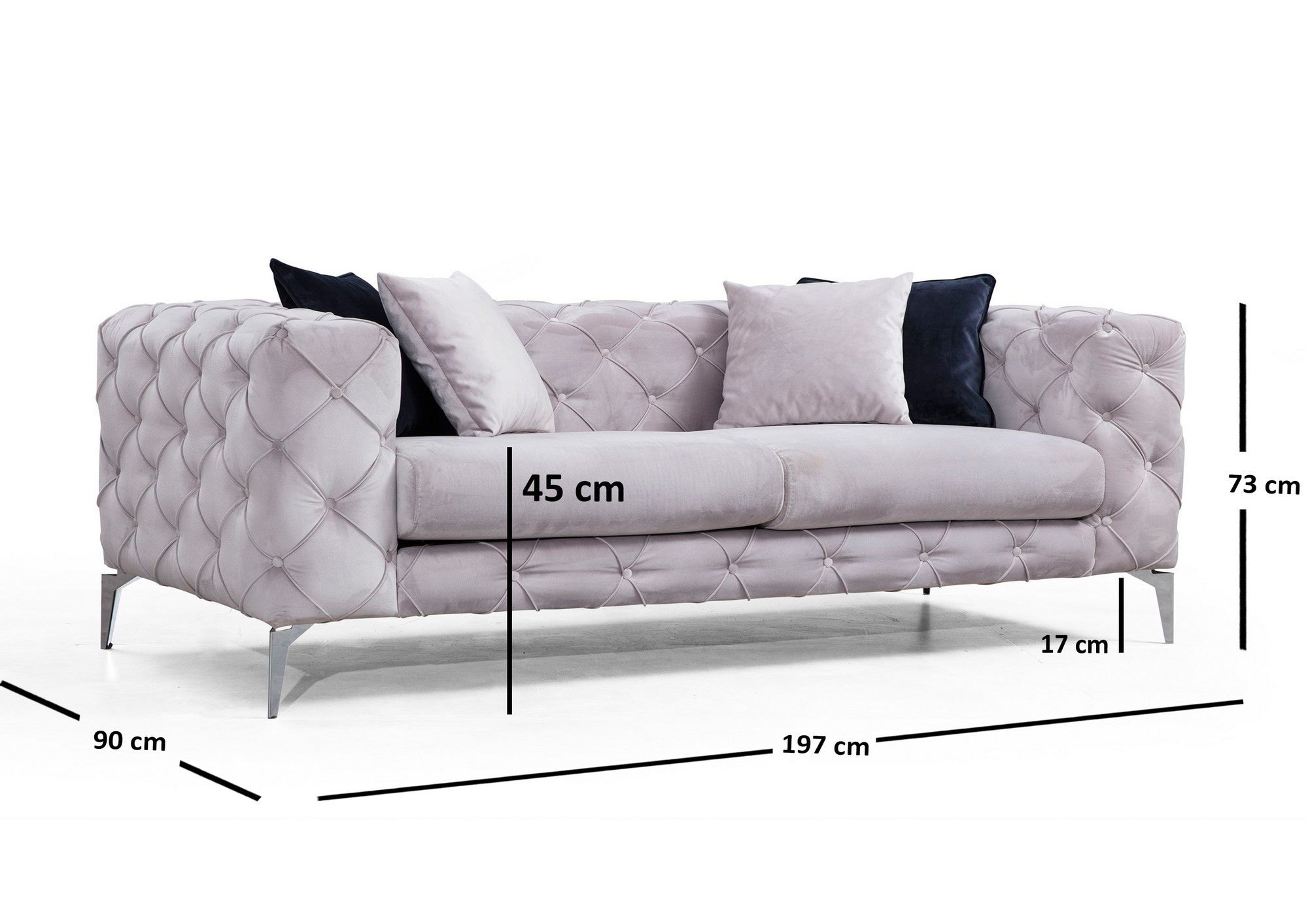 Sofá moderno de 2 lugares, cinza claro, 197 x 73 x 90 cm | Estrutura em madeira de faia e aglomerado, 100% poliéster, pernas cromadas | Inclui 2 almofadas, tecido lavável a seco