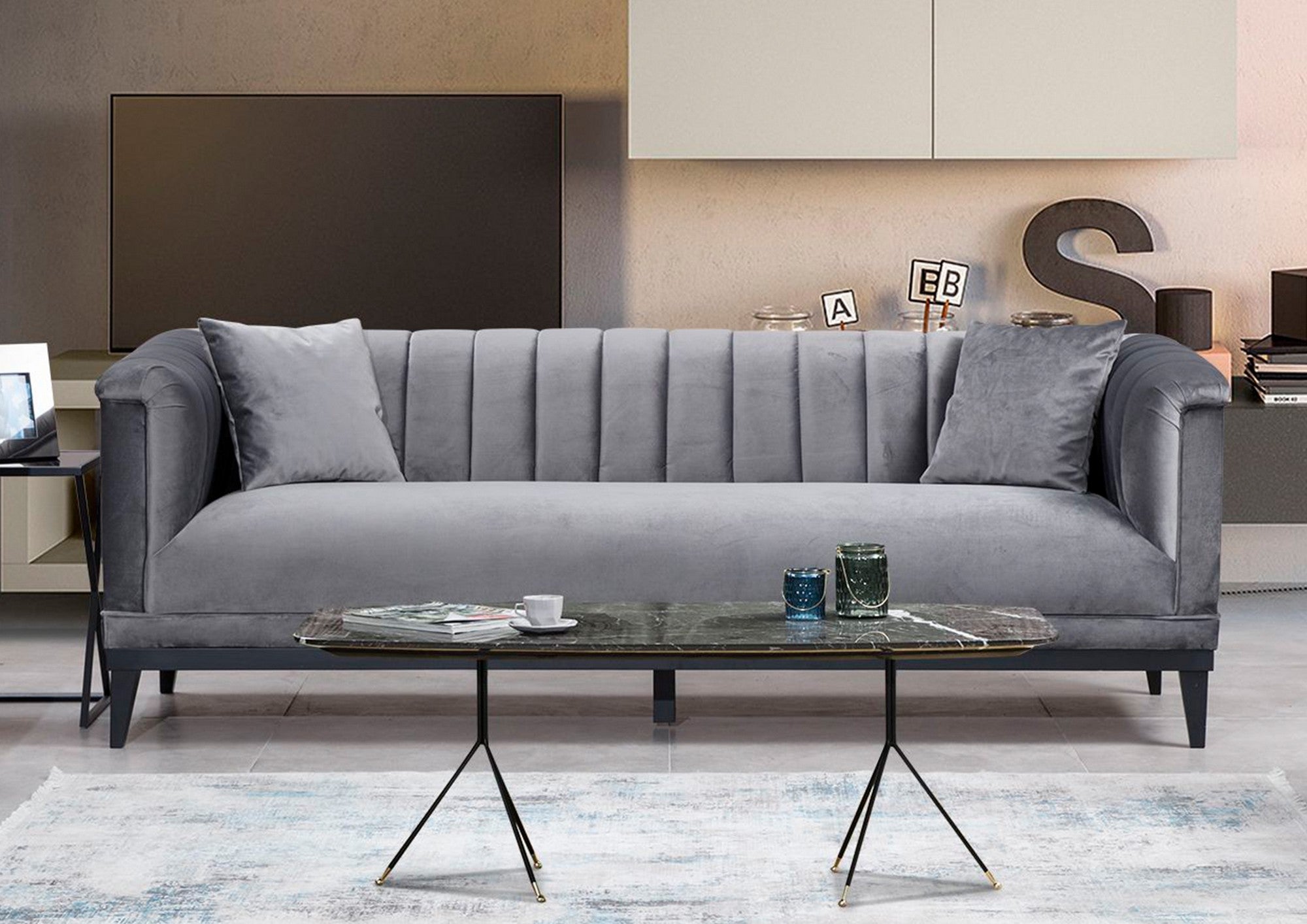 Sofá moderno de 3 lugares, cinza escuro, 225 cm | Estrutura de madeira de faia, 100% poliéster, sistema de sofá-cama, inclui 2 almofadas | Elegante e funcional para casa e escritório