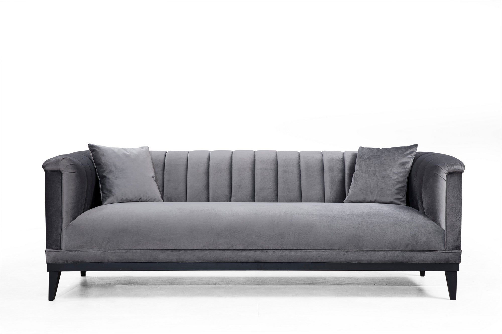 Sofá moderno de 3 lugares, cinza escuro, 225 cm | Estrutura de madeira de faia, 100% poliéster, sistema de sofá-cama, inclui 2 almofadas | Elegante e funcional para casa e escritório
