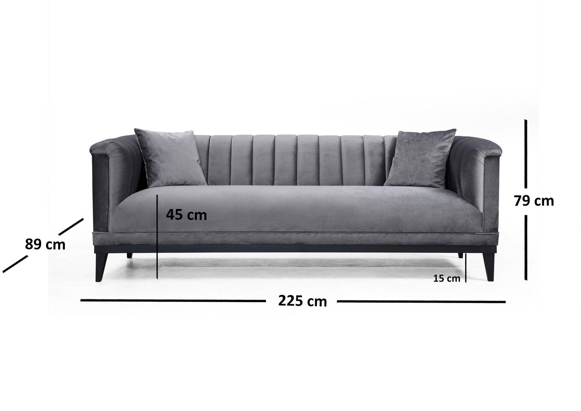 Sofá moderno de 3 lugares, cinza escuro, 225 cm | Estrutura de madeira de faia, 100% poliéster, sistema de sofá-cama, inclui 2 almofadas | Elegante e funcional para casa e escritório
