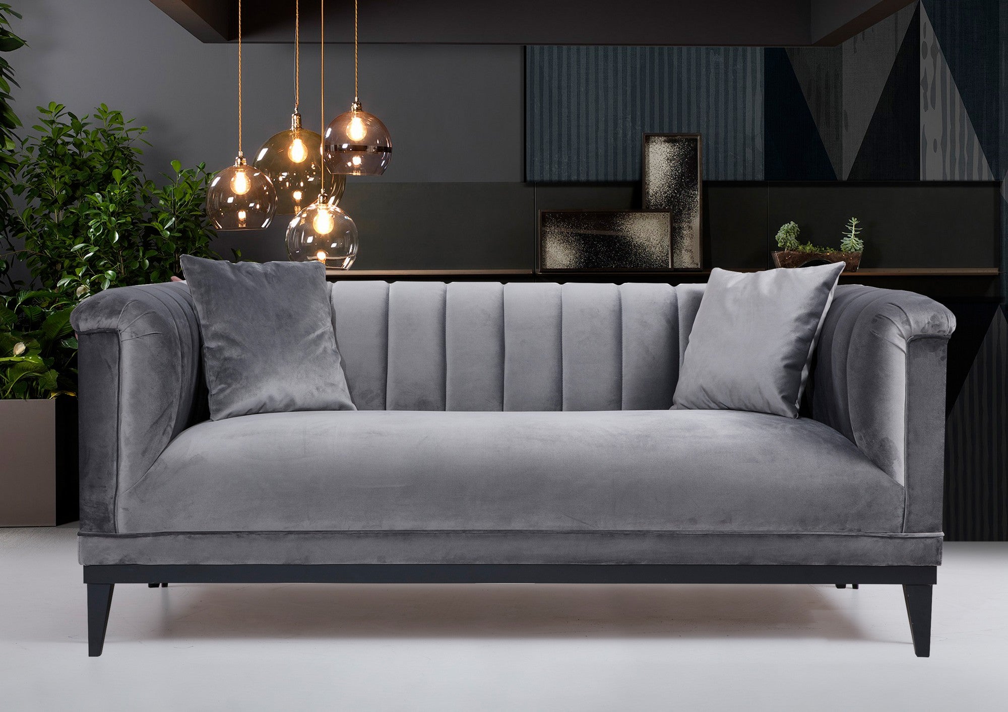 Sofá-cama moderno de 2 lugares, cinza escuro, 190 cm | Estrutura de madeira de faia, molas ensacadas e conforto de espuma | Inclui 2 almofadas, design elegante e funcional