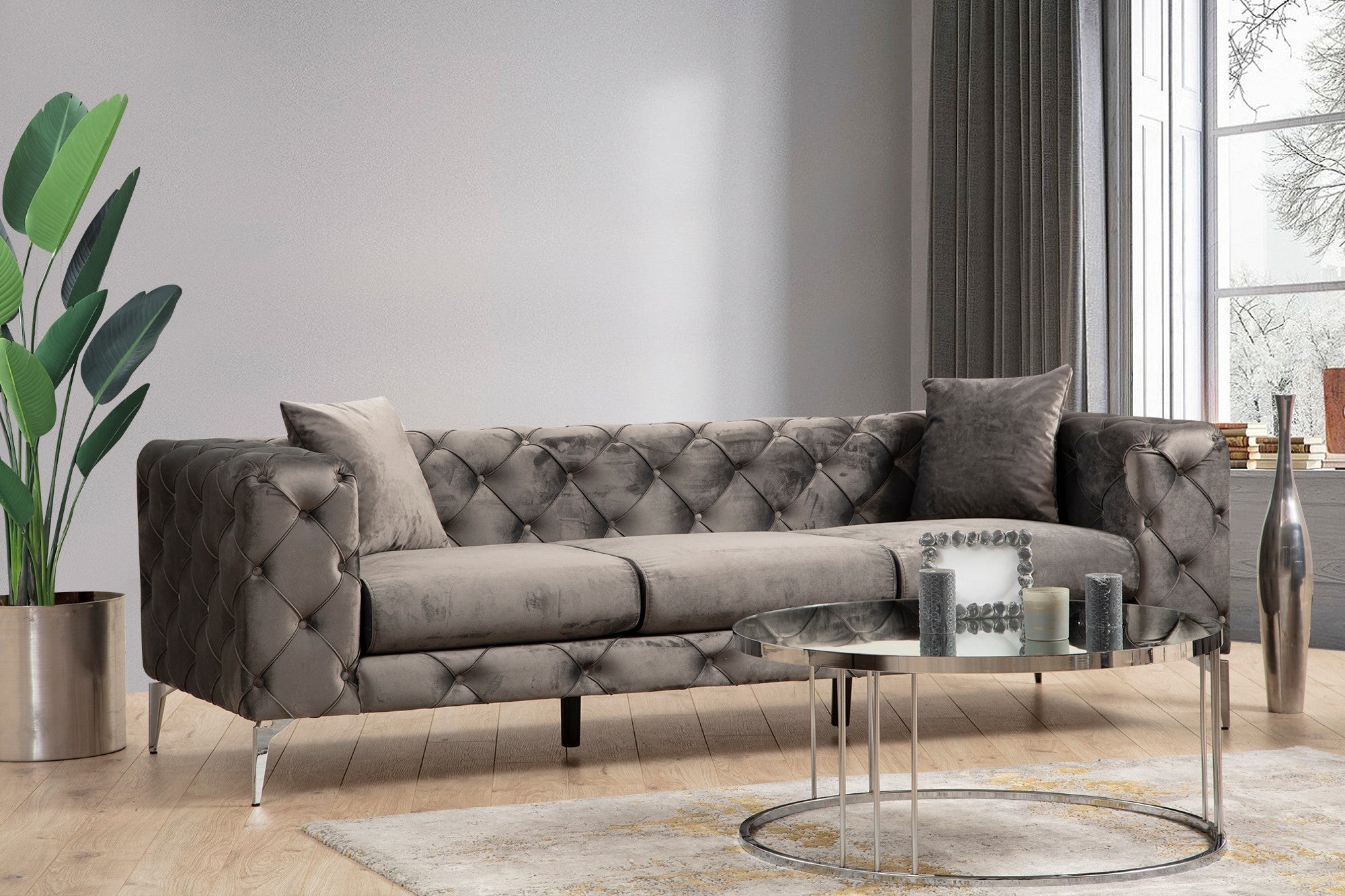 Sofá moderno de 3 lugares, estrutura em madeira de faia e aglomerado, antracite | 100% poliéster, pernas cromadas, 4 almofadas incluídas | Elegante e confortável para casa e escritório