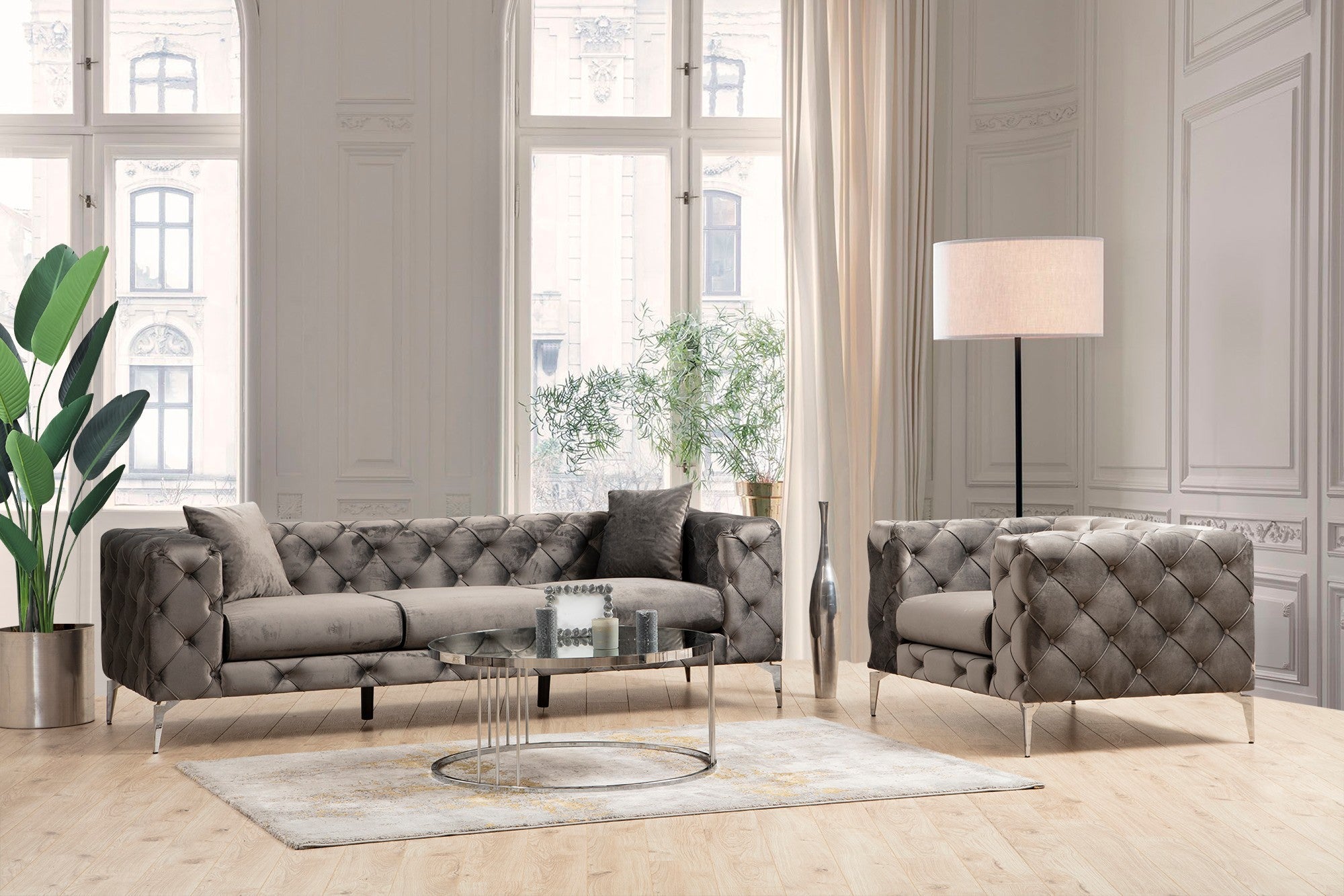 Sofá moderno de 3 lugares, estrutura em madeira de faia e aglomerado, antracite | 100% poliéster, pernas cromadas, 4 almofadas incluídas | Elegante e confortável para casa e escritório