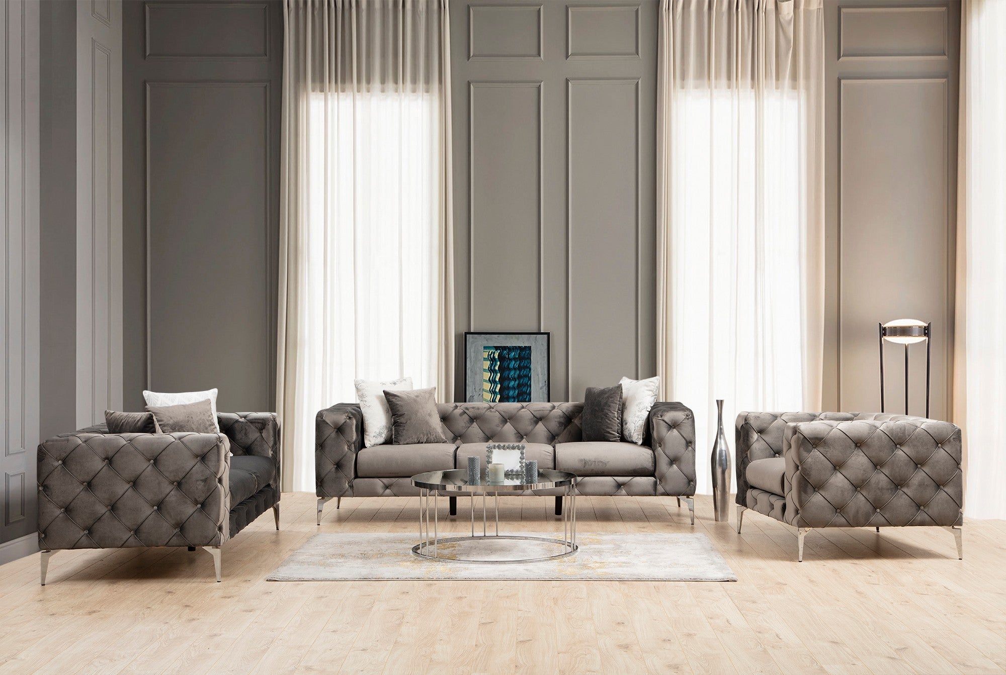 Sofá moderno de 3 lugares, estrutura em madeira de faia e aglomerado, antracite | 100% poliéster, pernas cromadas, 4 almofadas incluídas | Elegante e confortável para casa e escritório