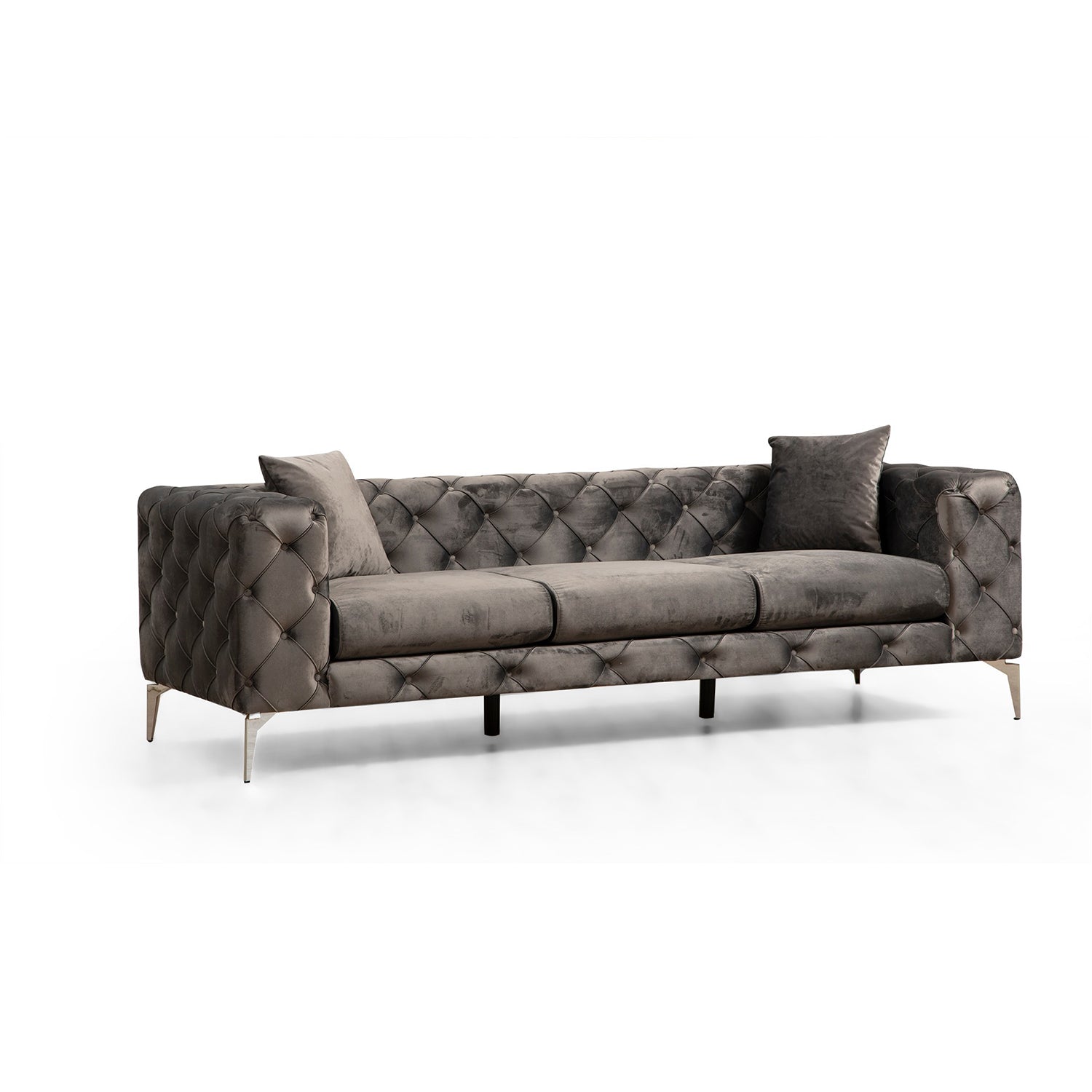 Sofá moderno de 3 lugares, estrutura em madeira de faia e aglomerado, antracite | 100% poliéster, pernas cromadas, 4 almofadas incluídas | Elegante e confortável para casa e escritório