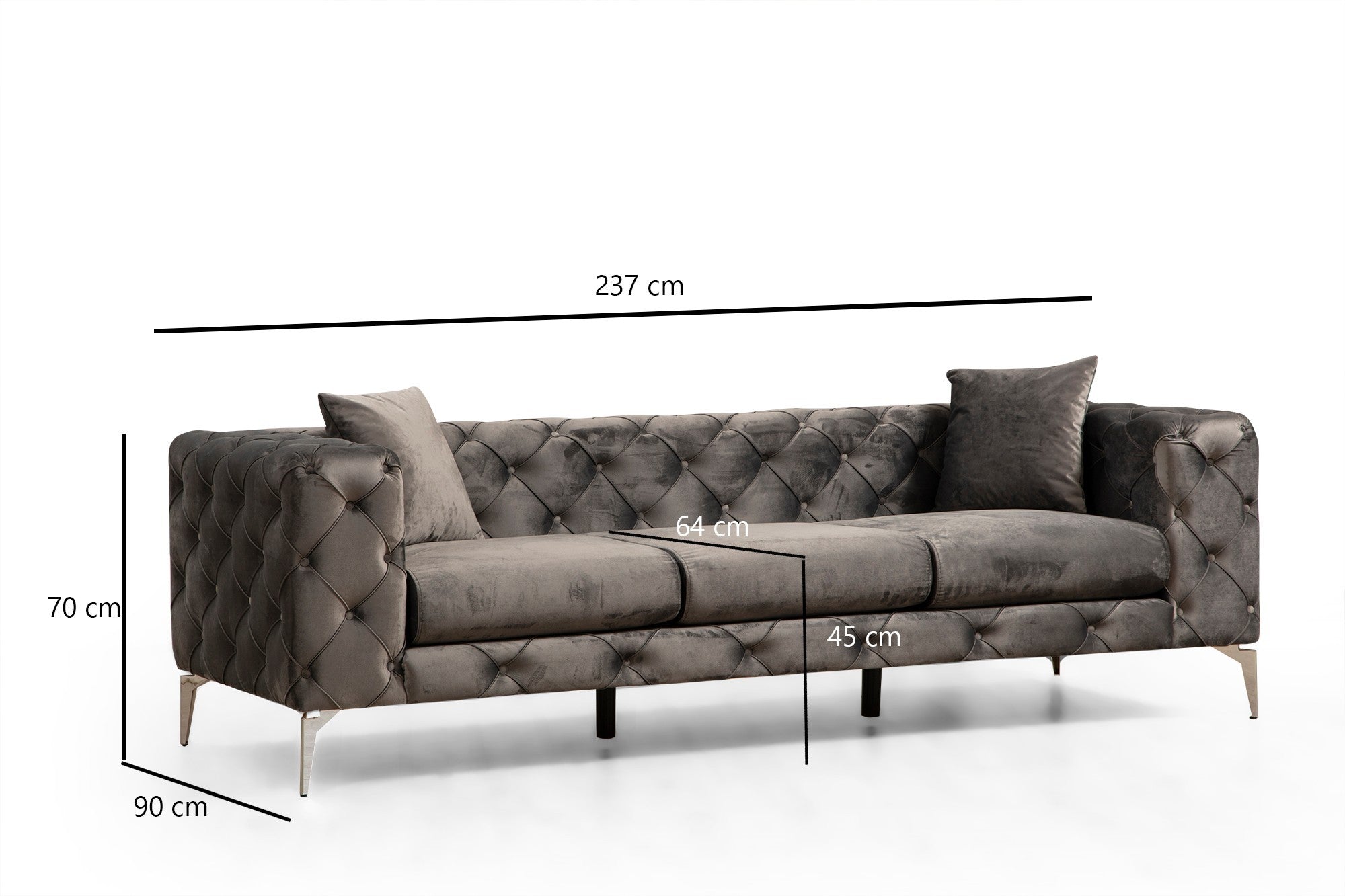 Sofá moderno de 3 lugares, estrutura em madeira de faia e aglomerado, antracite | 100% poliéster, pernas cromadas, 4 almofadas incluídas | Elegante e confortável para casa e escritório