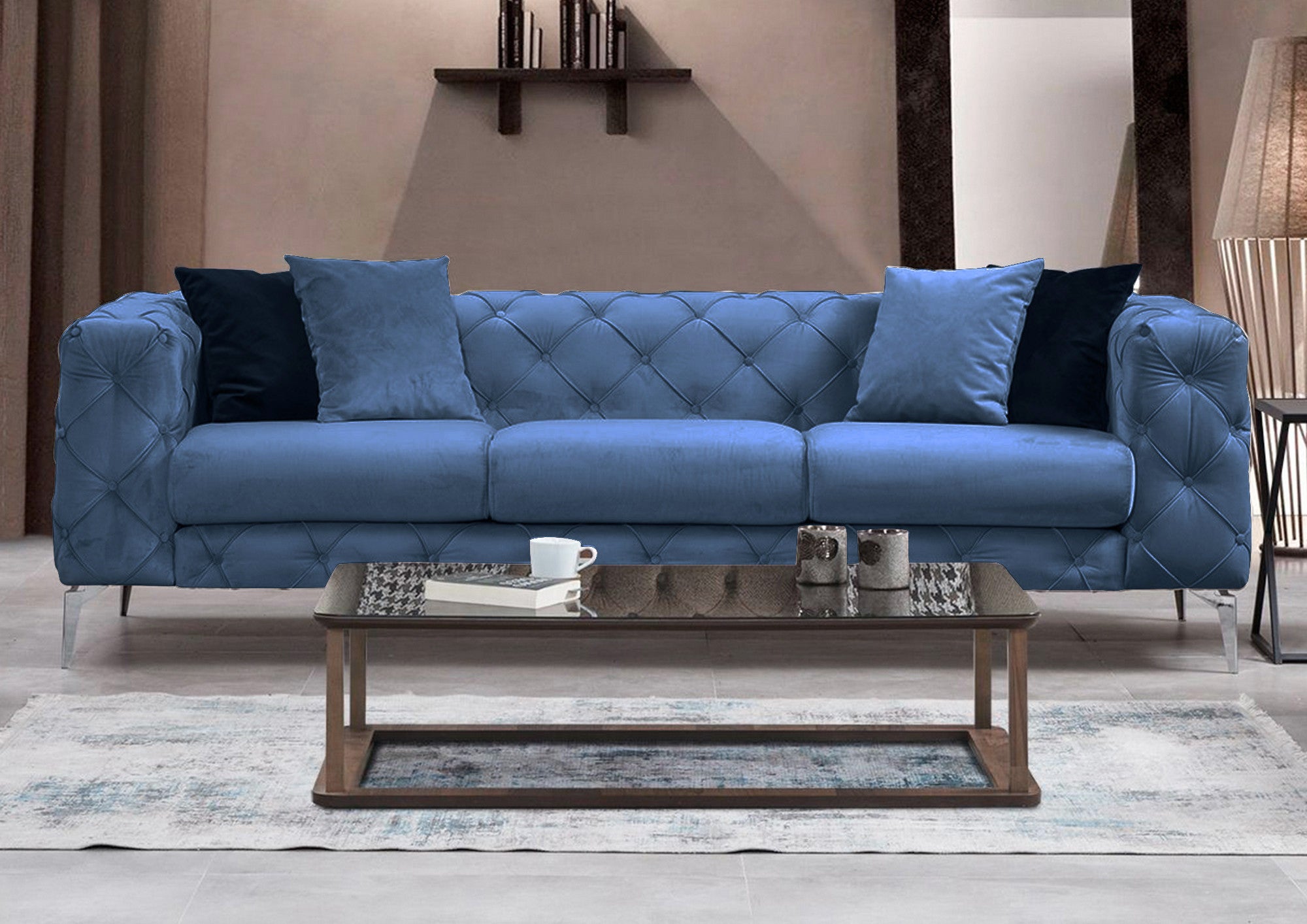 Sofá moderno de 3 lugares, azul, 237 cm | Estrutura em madeira de faia e aglomerado, 100% poliéster, pernas cromadas | Inclui 4 almofadas, capas removíveis, elegante e confortável