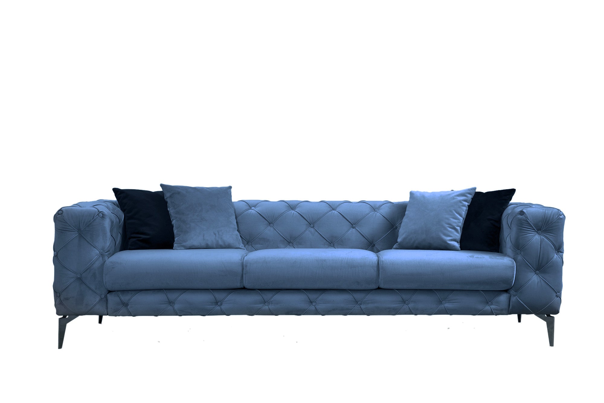 Sofá moderno de 3 lugares, azul, 237 cm | Estrutura em madeira de faia e aglomerado, 100% poliéster, pernas cromadas | Inclui 4 almofadas, capas removíveis, elegante e confortável