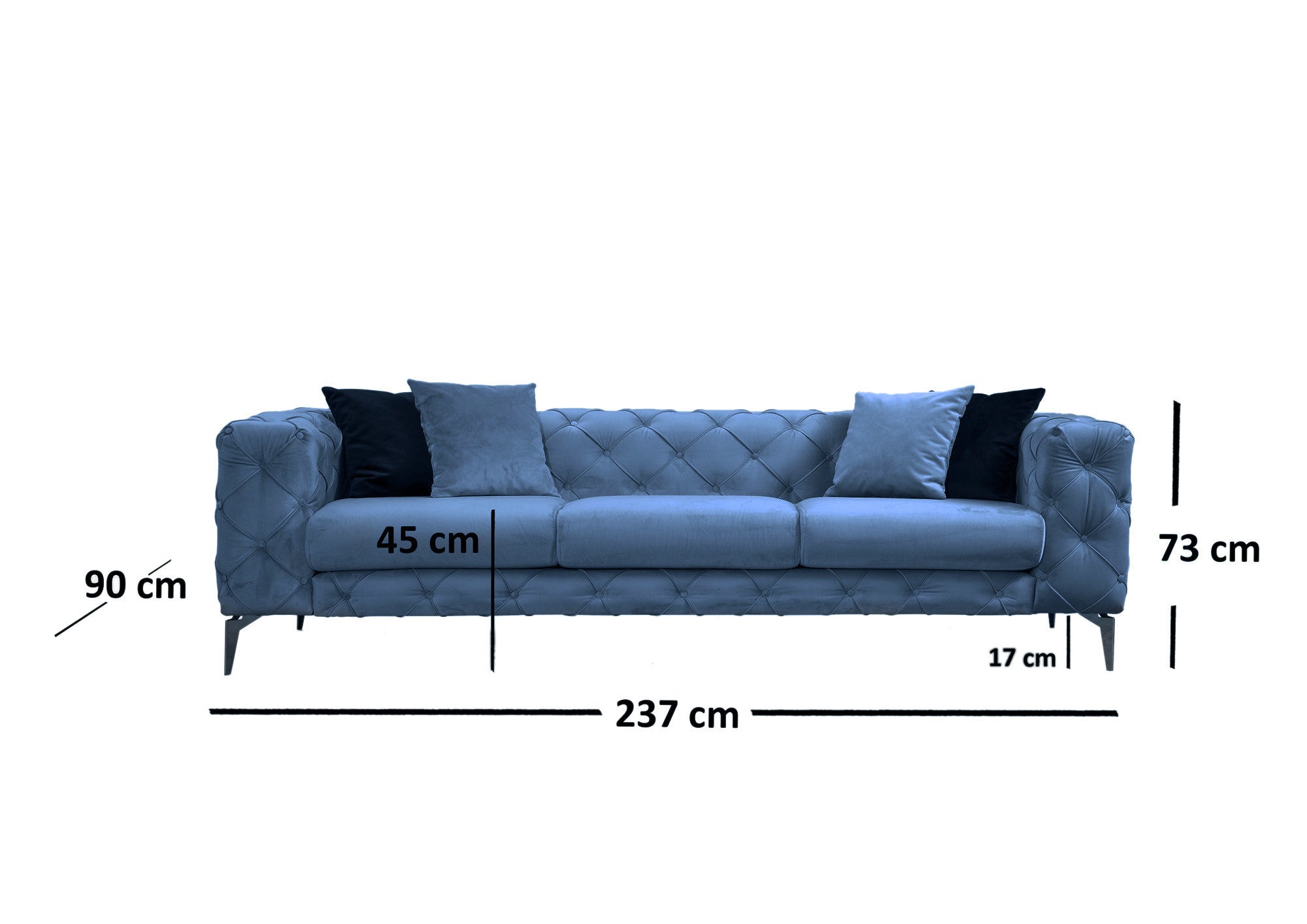 Sofá moderno de 3 lugares, azul, 237 cm | Estrutura em madeira de faia e aglomerado, 100% poliéster, pernas cromadas | Inclui 4 almofadas, capas removíveis, elegante e confortável