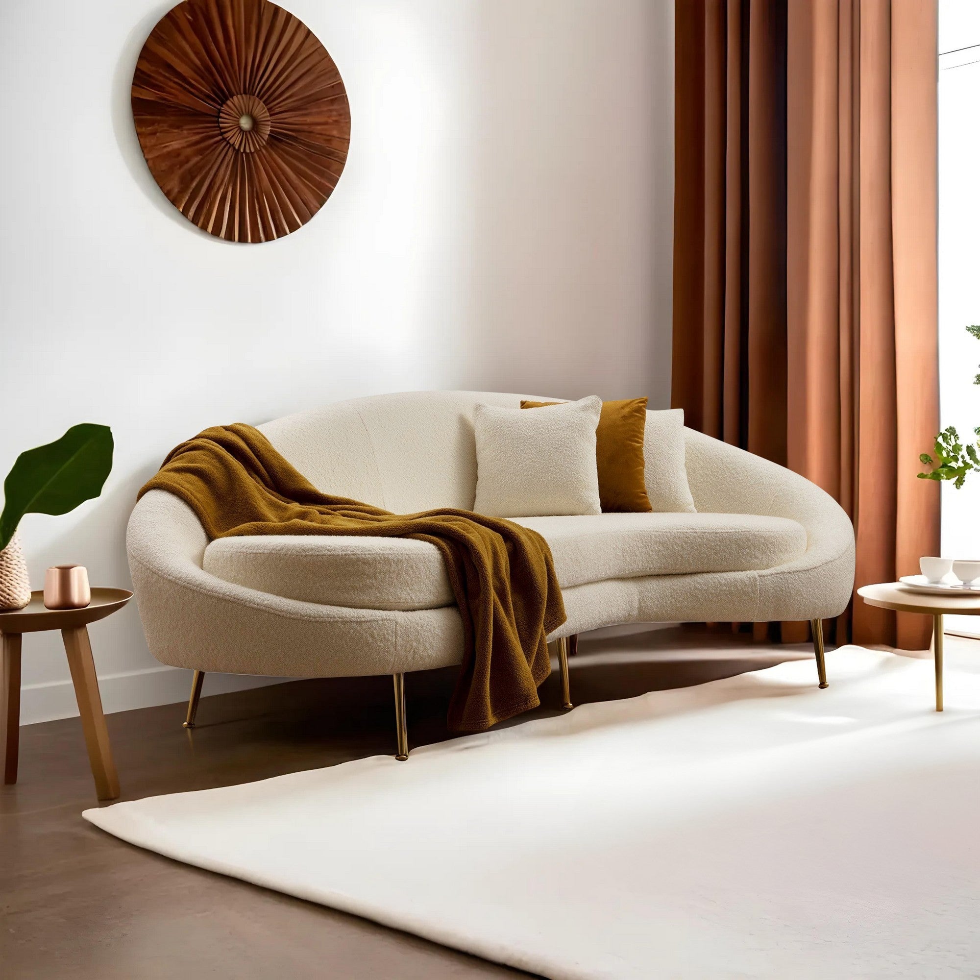 Sofá moderno de 3 lugares, cor creme, 255 cm | Estrutura de madeira de faia, pernas de metal dourado, espuma cinza macia e almofadas de penas | Design elegante para casas glamorosas e escandinavas