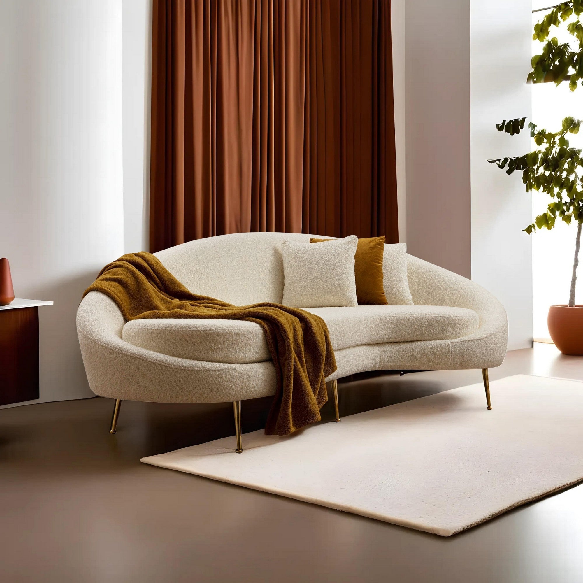 Sofá moderno de 3 lugares, cor creme, 255 cm | Estrutura de madeira de faia, pernas de metal dourado, espuma cinza macia e almofadas de penas | Design elegante para casas glamorosas e escandinavas