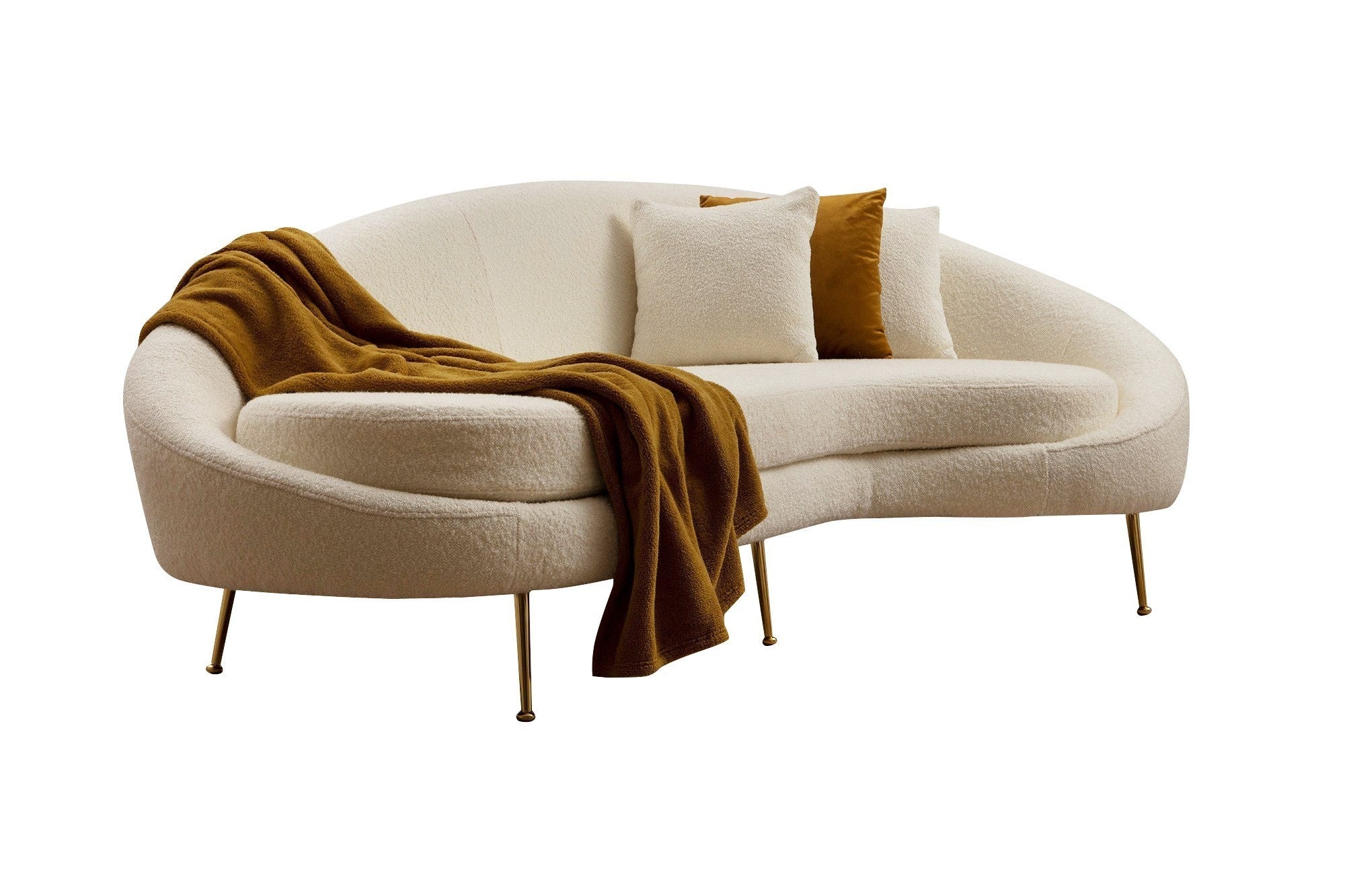 Sofá moderno de 3 lugares, cor creme, 255 cm | Estrutura de madeira de faia, pernas de metal dourado, espuma cinza macia e almofadas de penas | Design elegante para casas glamorosas e escandinavas