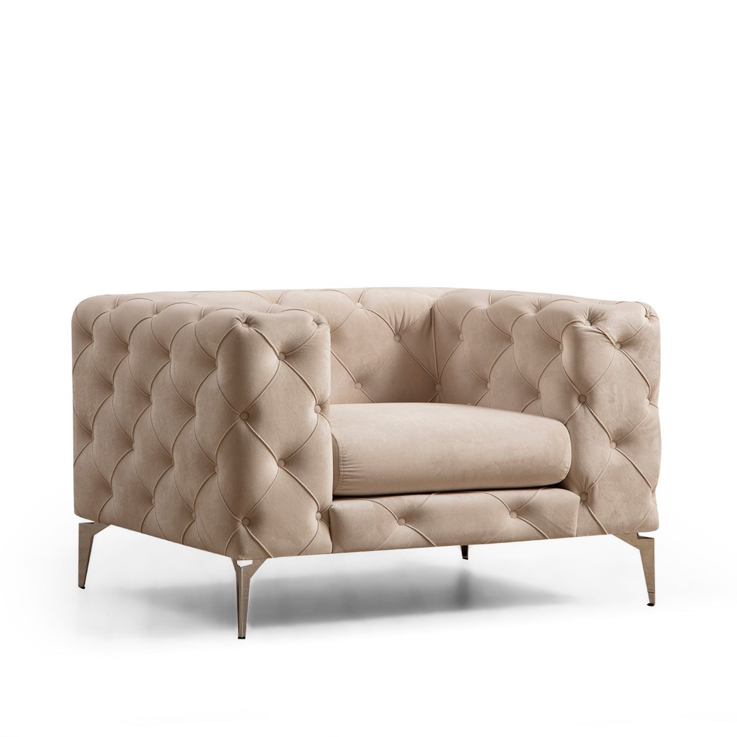 Poltrona elegante com estrutura de madeira de faia, tecido de poliéster cru, pernas cromadas | 108 cm de largura, 70 cm de altura | Inclui almofada e travesseiro removíveis | Design moderno e glamouroso