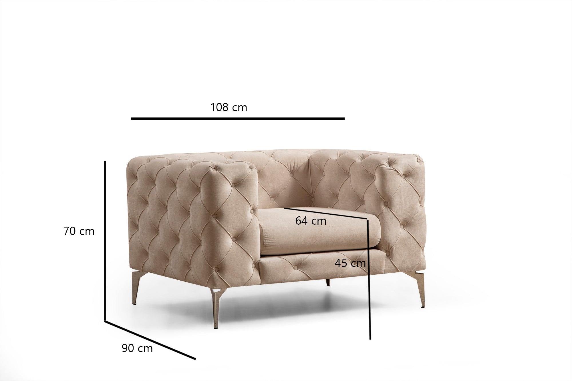 Poltrona elegante com estrutura de madeira de faia, tecido de poliéster cru, pernas cromadas | 108 cm de largura, 70 cm de altura | Inclui almofada e travesseiro removíveis | Design moderno e glamouroso