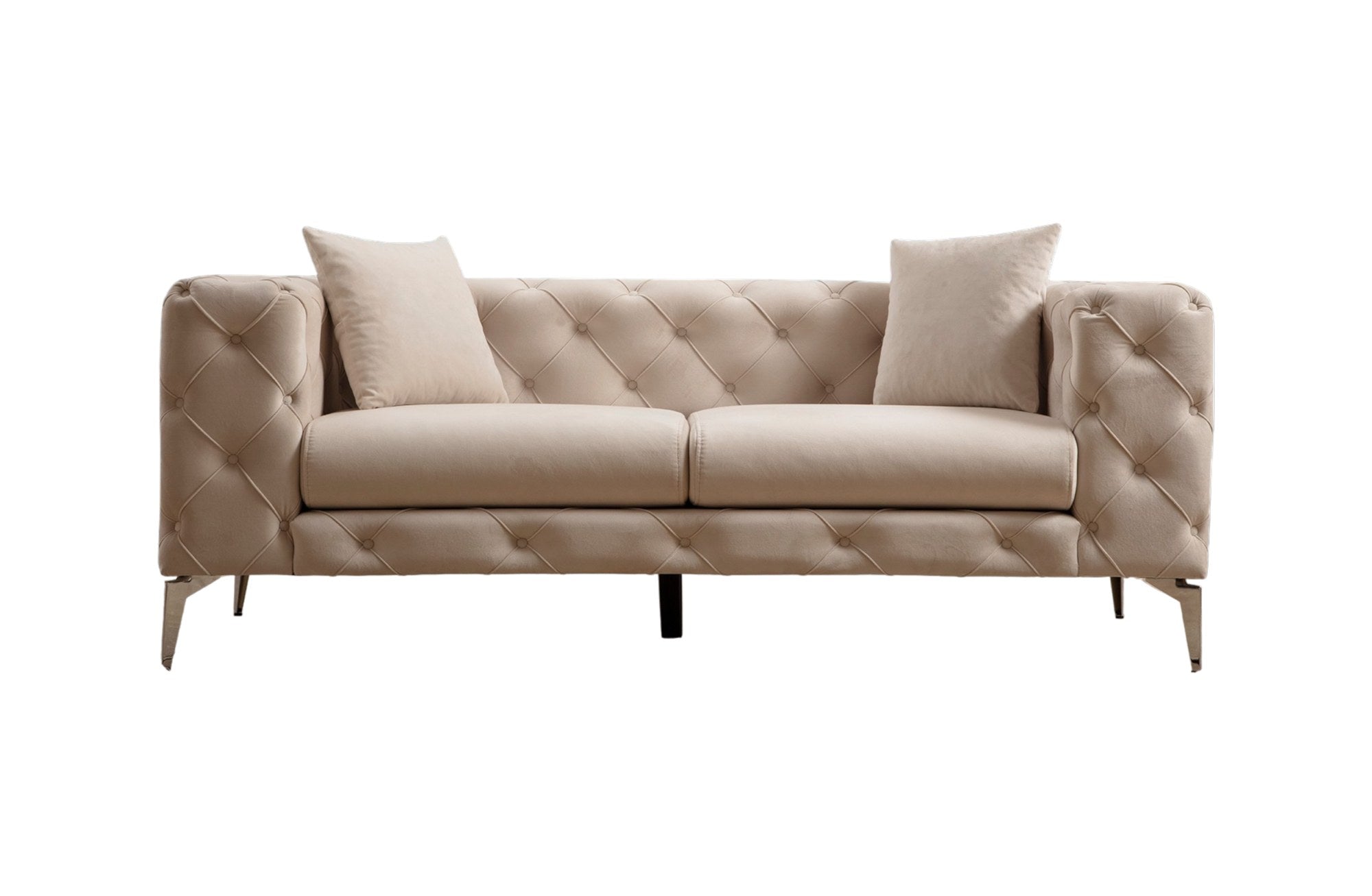 Sofá moderno de 2 lugares, cru, 197 x 73 x 90 cm | Estrutura em madeira de faia, 100% poliéster, pernas cromadas | Inclui 2 almofadas, capas removíveis, elegante e confortável