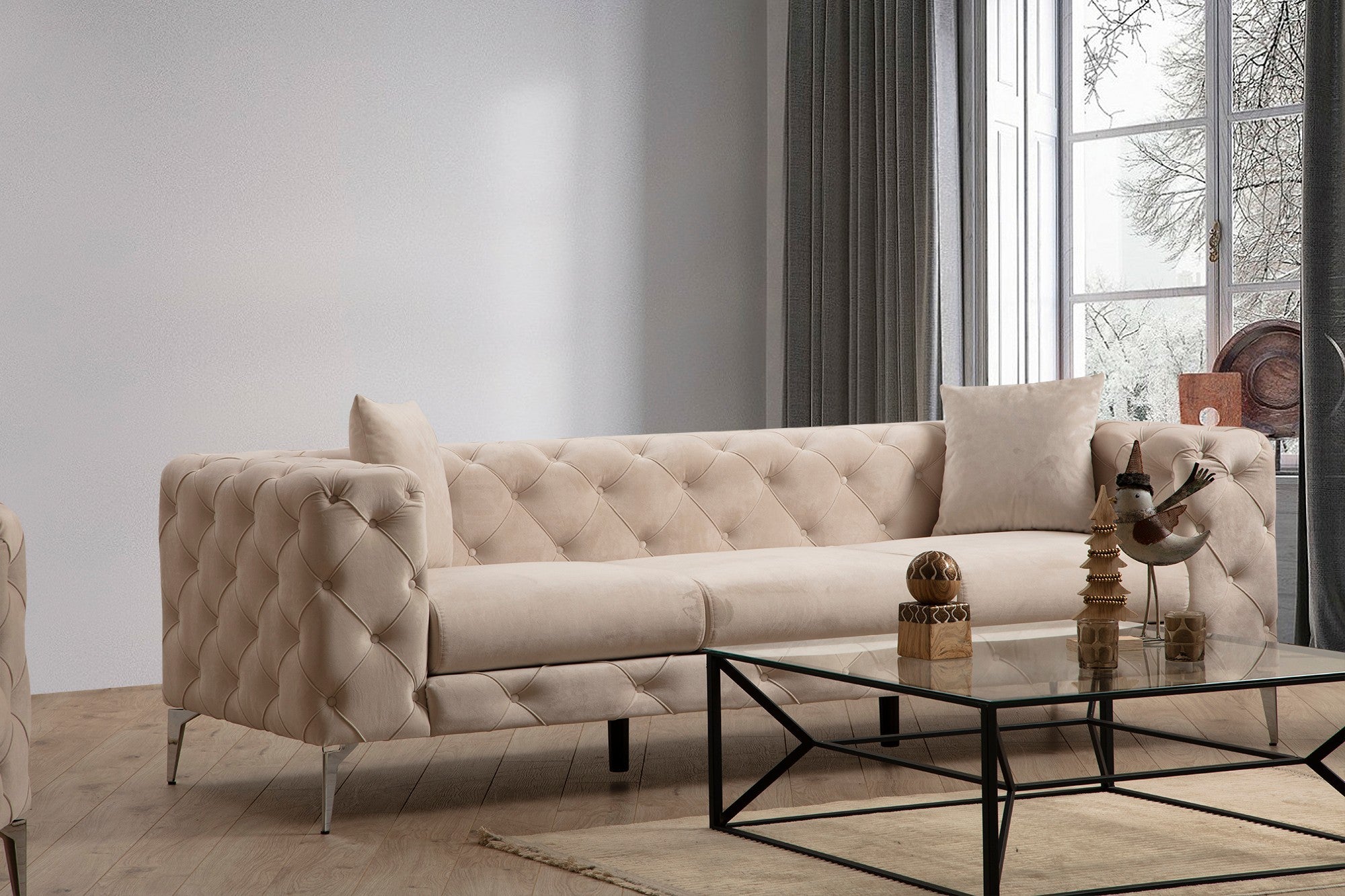 Sofá moderno de 3 lugares, cru, 237 cm | Estrutura em madeira de faia, 100% poliéster, pernas cromadas | Inclui 2 almofadas, capas removíveis, design elegante e confortável